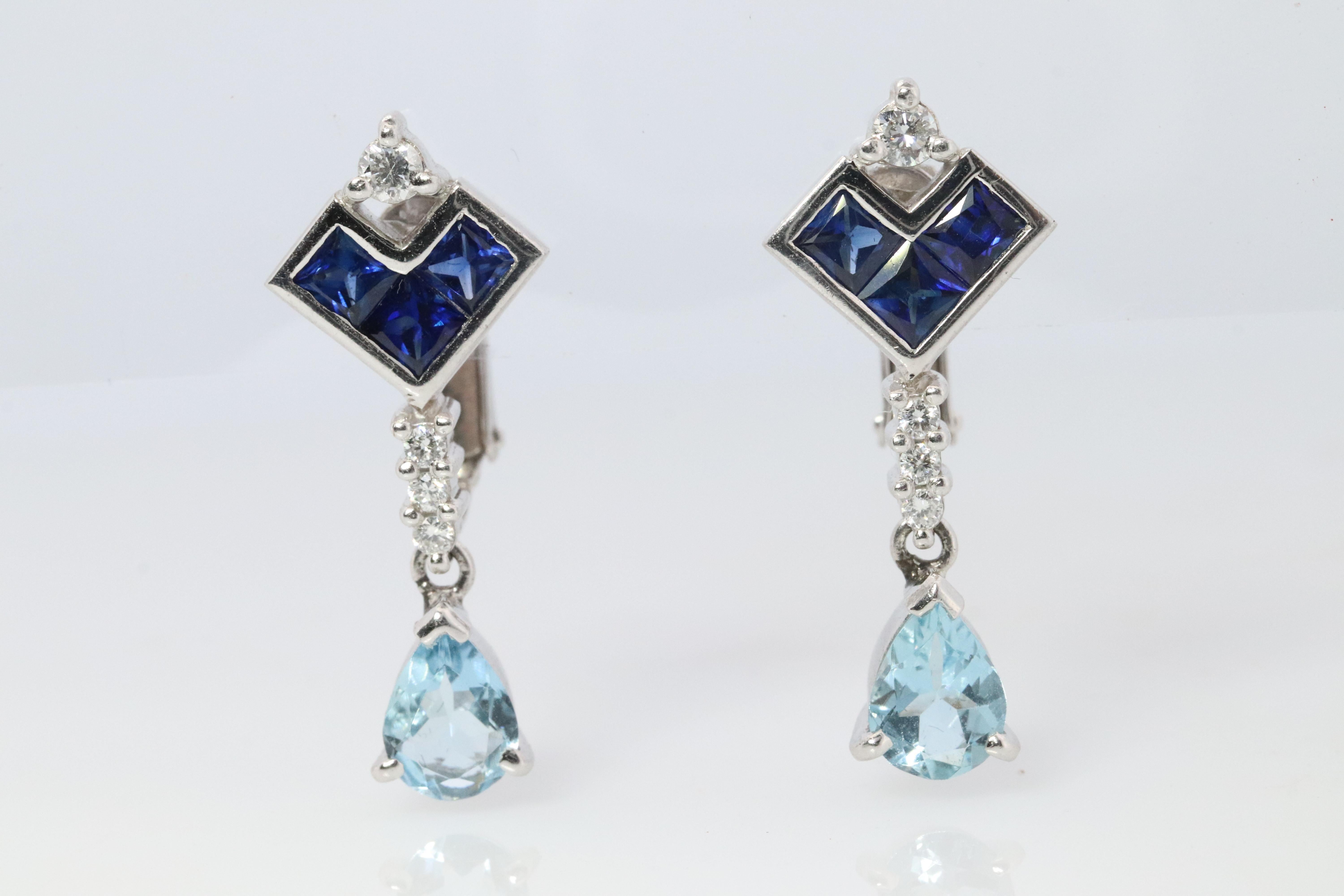 Moderno Orecchini pendenti con zaffiro e acquamarina. Orecchini a clip in platino PT950 senza piercing in vendita