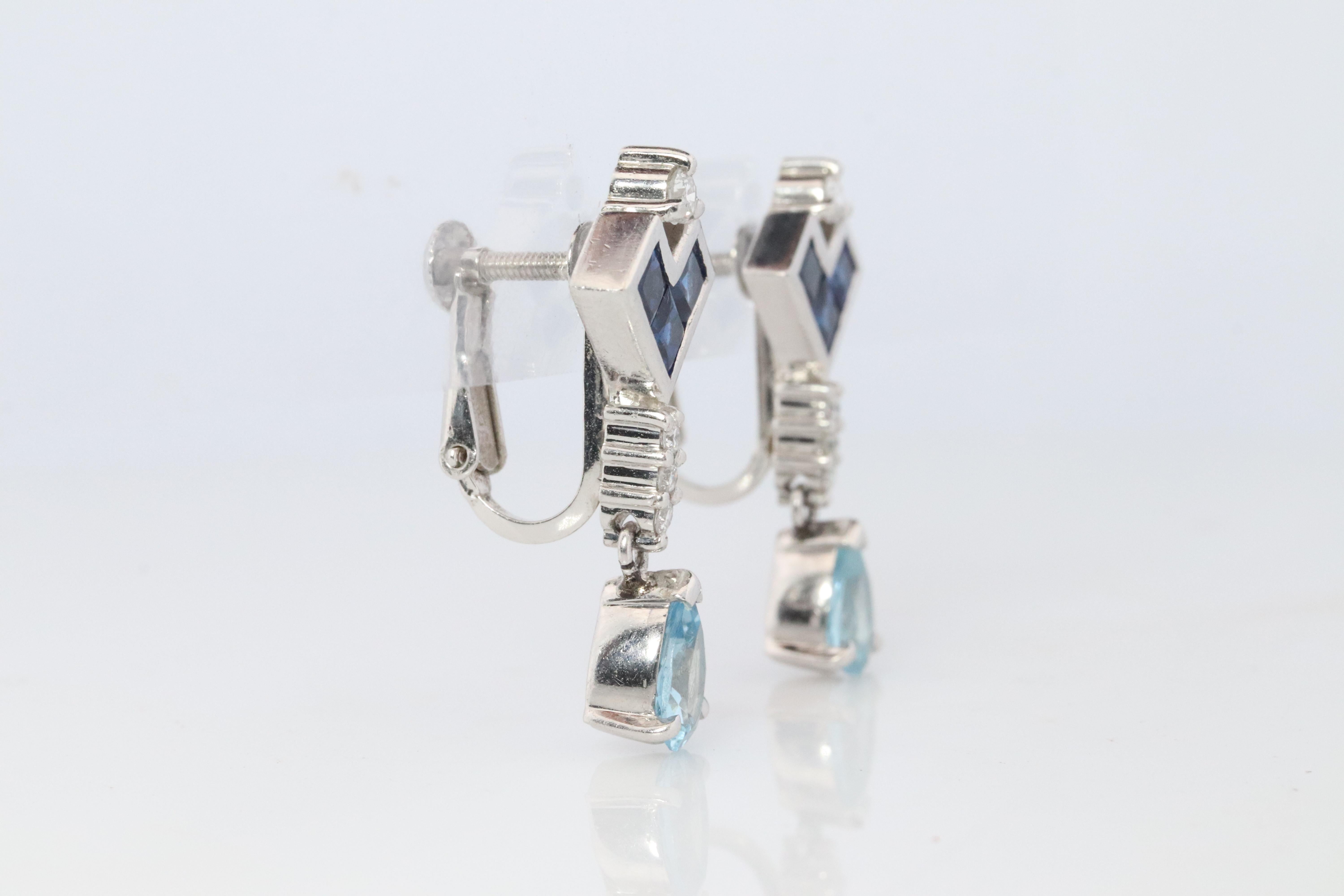 Taglio princess Orecchini pendenti con zaffiro e acquamarina. Orecchini a clip in platino PT950 senza piercing in vendita