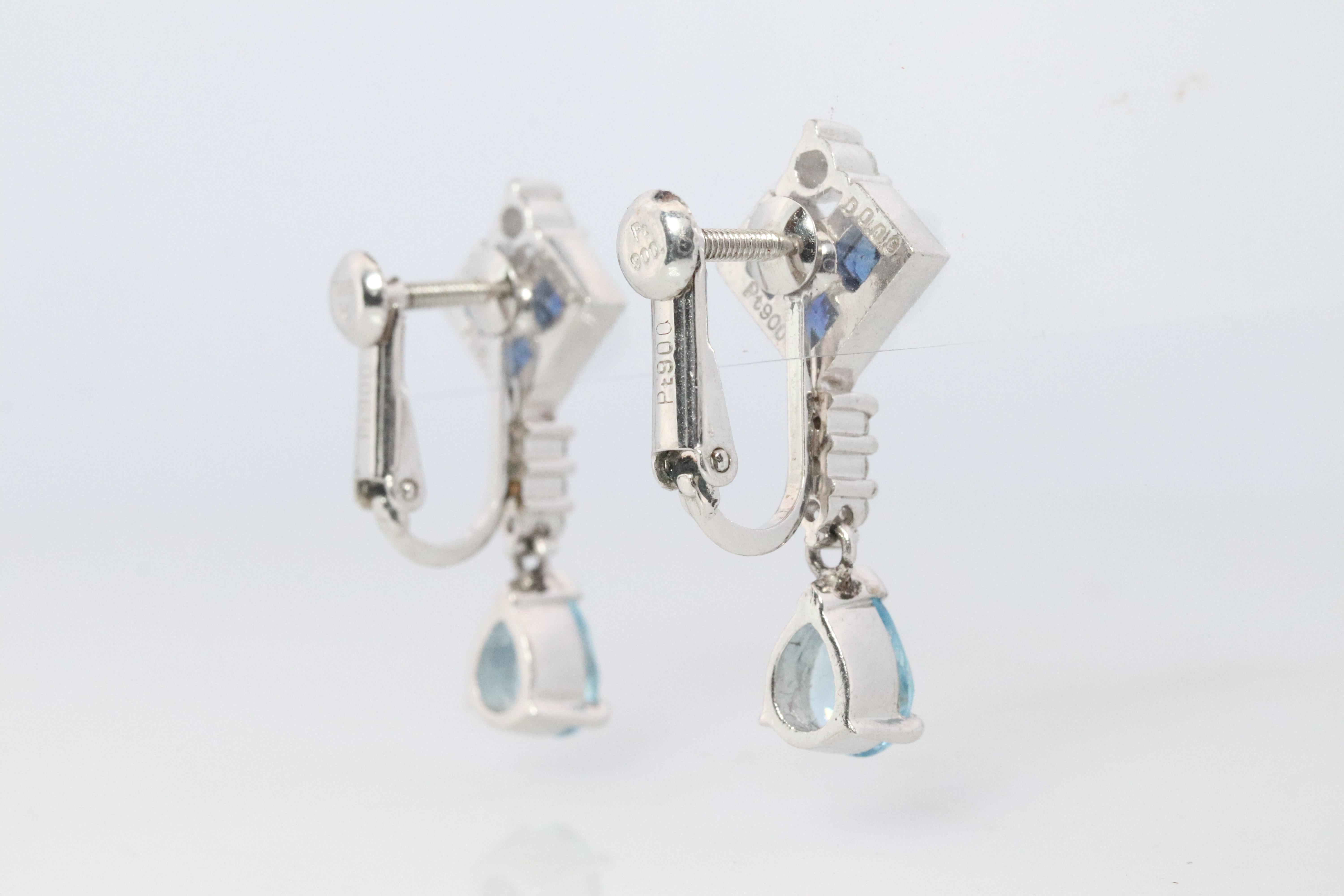 Orecchini pendenti con zaffiro e acquamarina. Orecchini a clip in platino PT950 senza piercing In condizioni ottime in vendita a Port Charlotte, FL