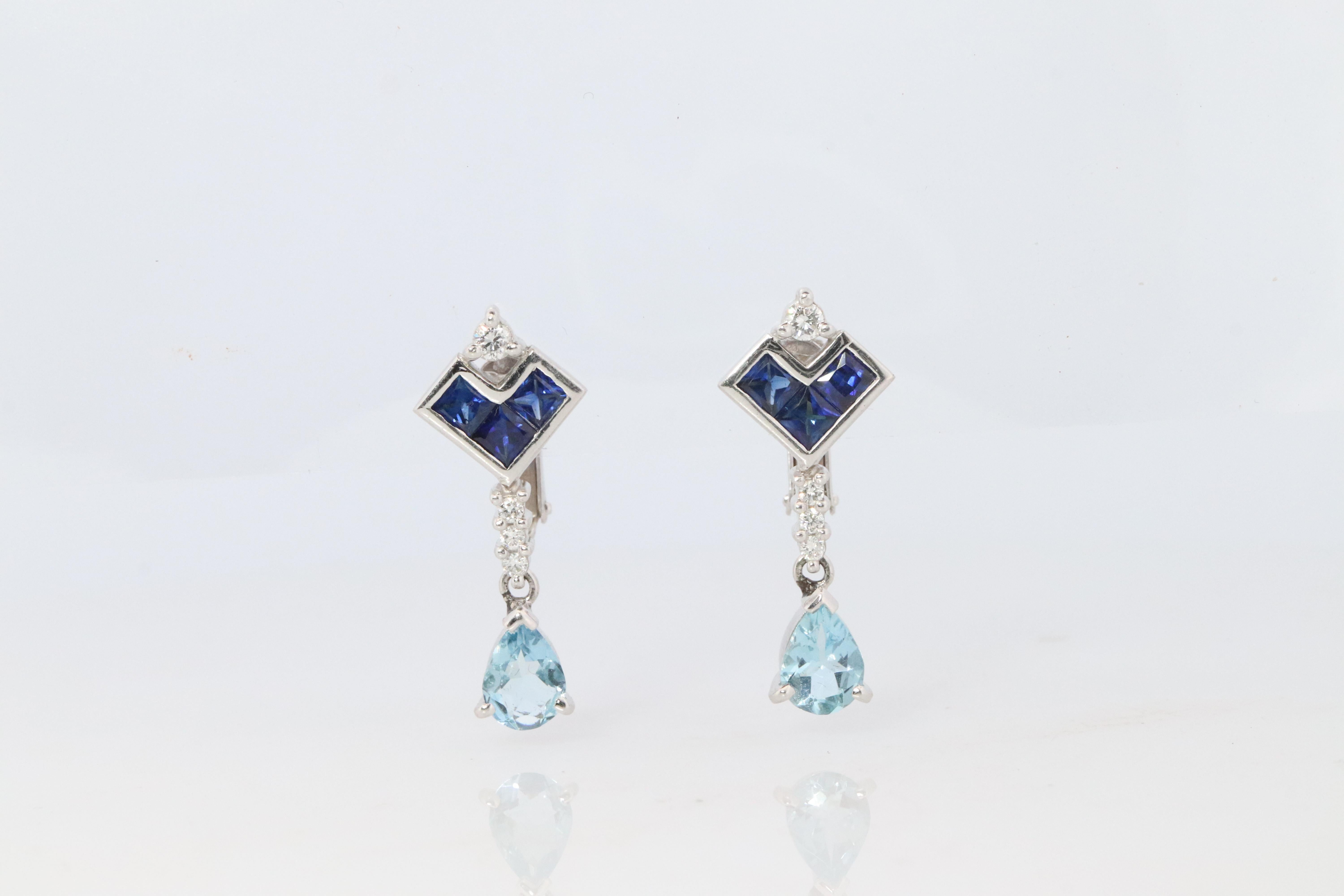 Donna Orecchini pendenti con zaffiro e acquamarina. Orecchini a clip in platino PT950 senza piercing in vendita