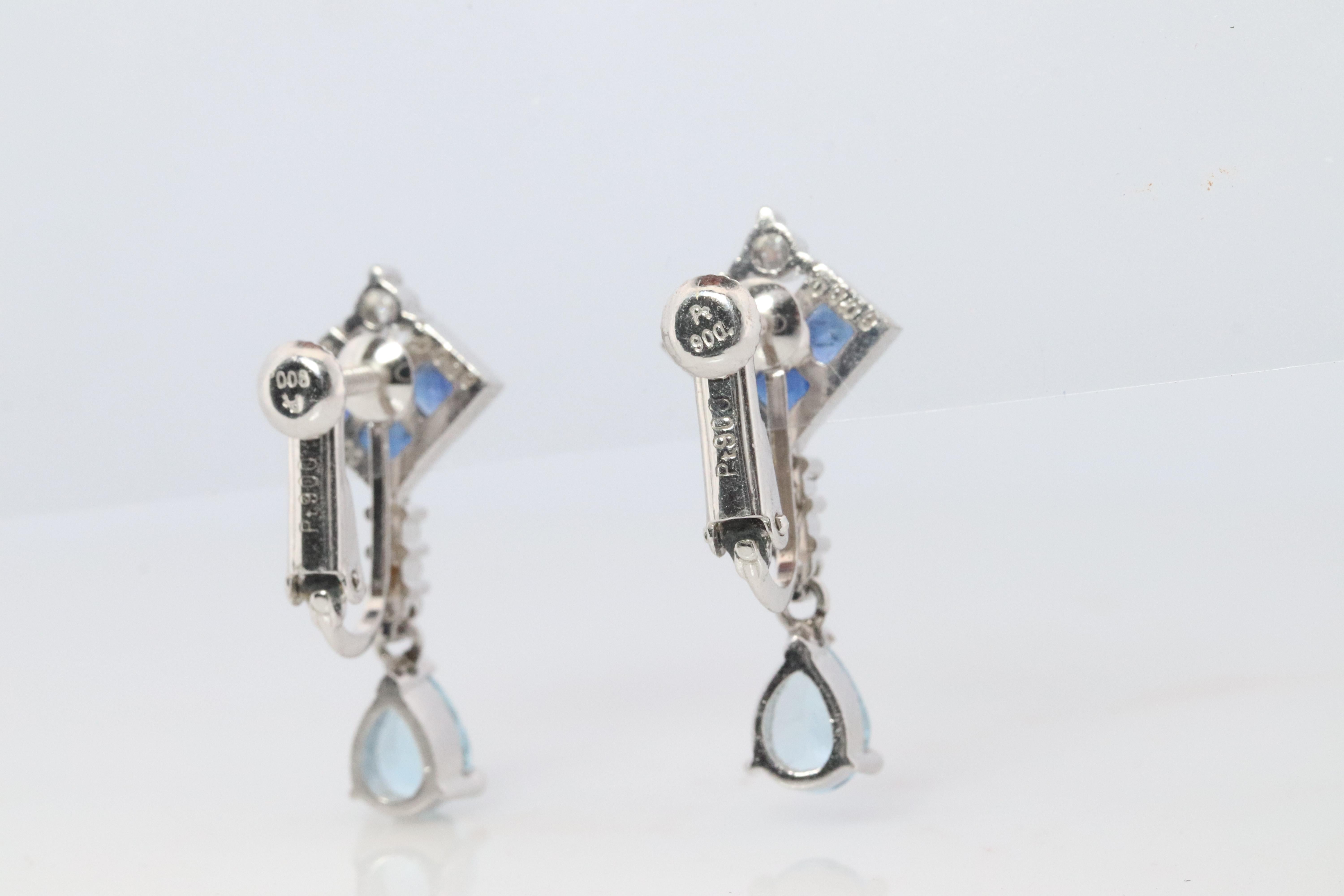 Orecchini pendenti con zaffiro e acquamarina. Orecchini a clip in platino PT950 senza piercing in vendita 1