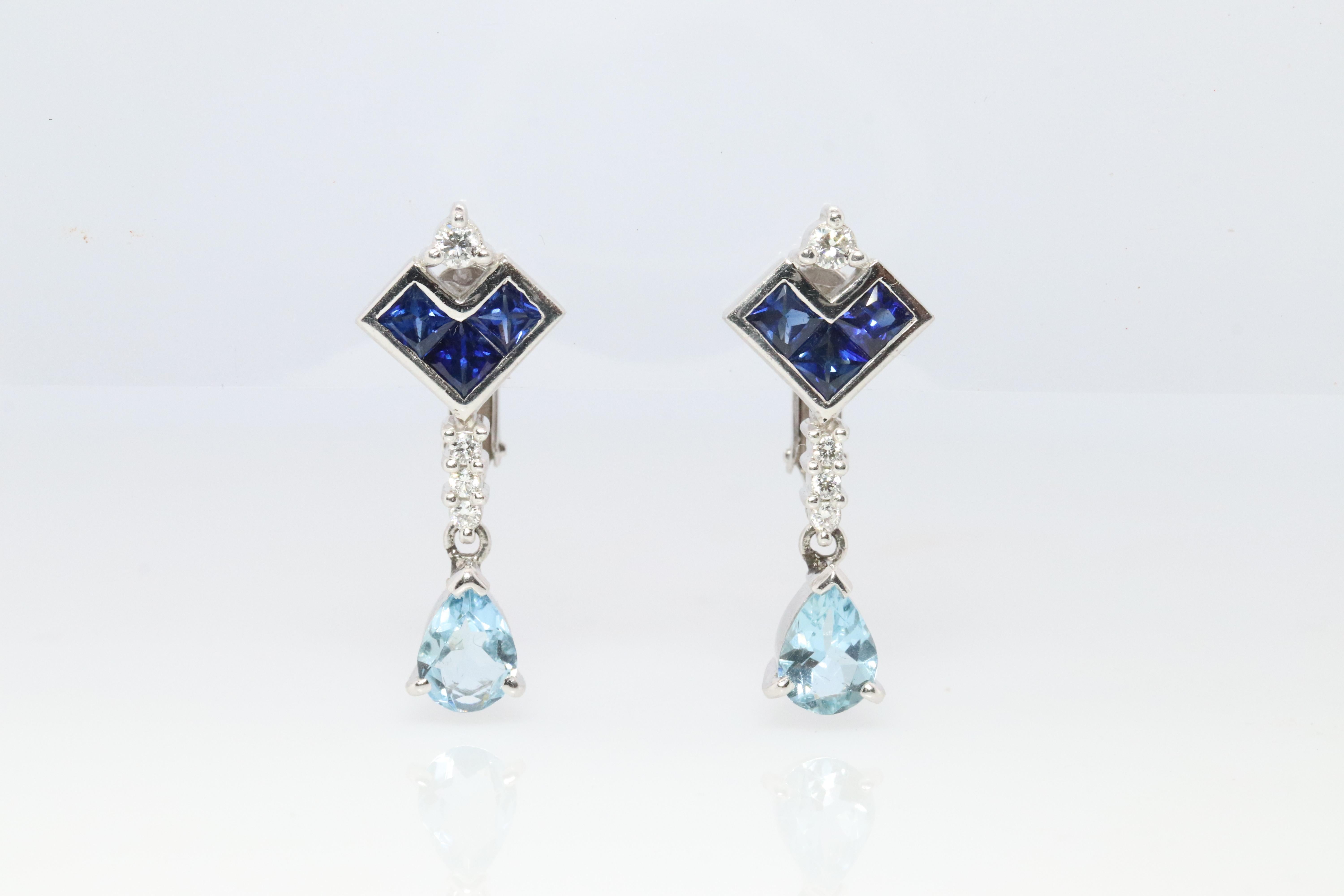 Orecchini pendenti con zaffiro e acquamarina. Orecchini a clip in platino PT950 senza piercing in vendita 2