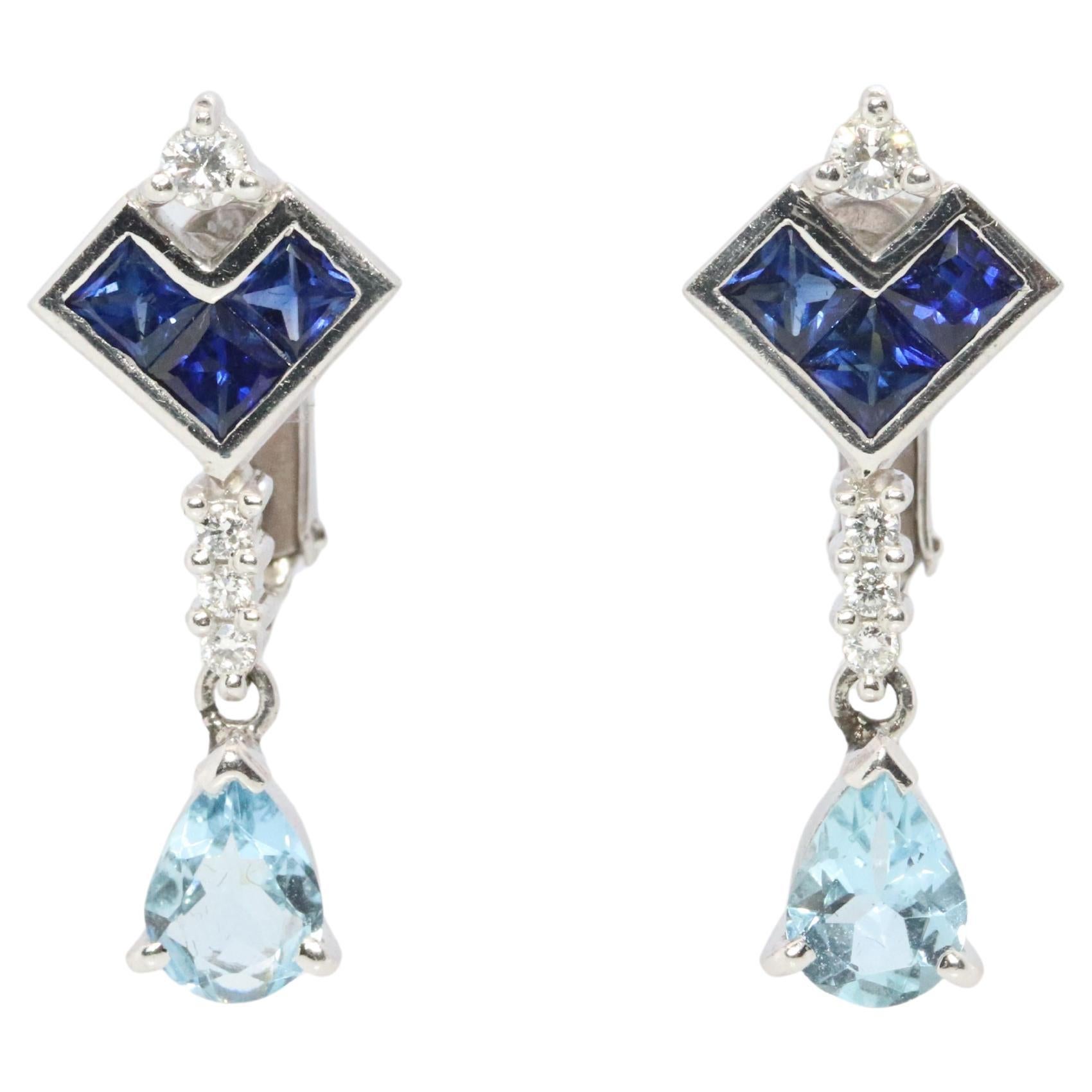 Sapphire Aquamarine Dangle Earrings. Platinum PT950 Unpierced Clip On Earrings