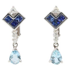 Sapphire Aquamarine Dangle Earrings. Platinum PT950 Unpierced Clip On Earrings