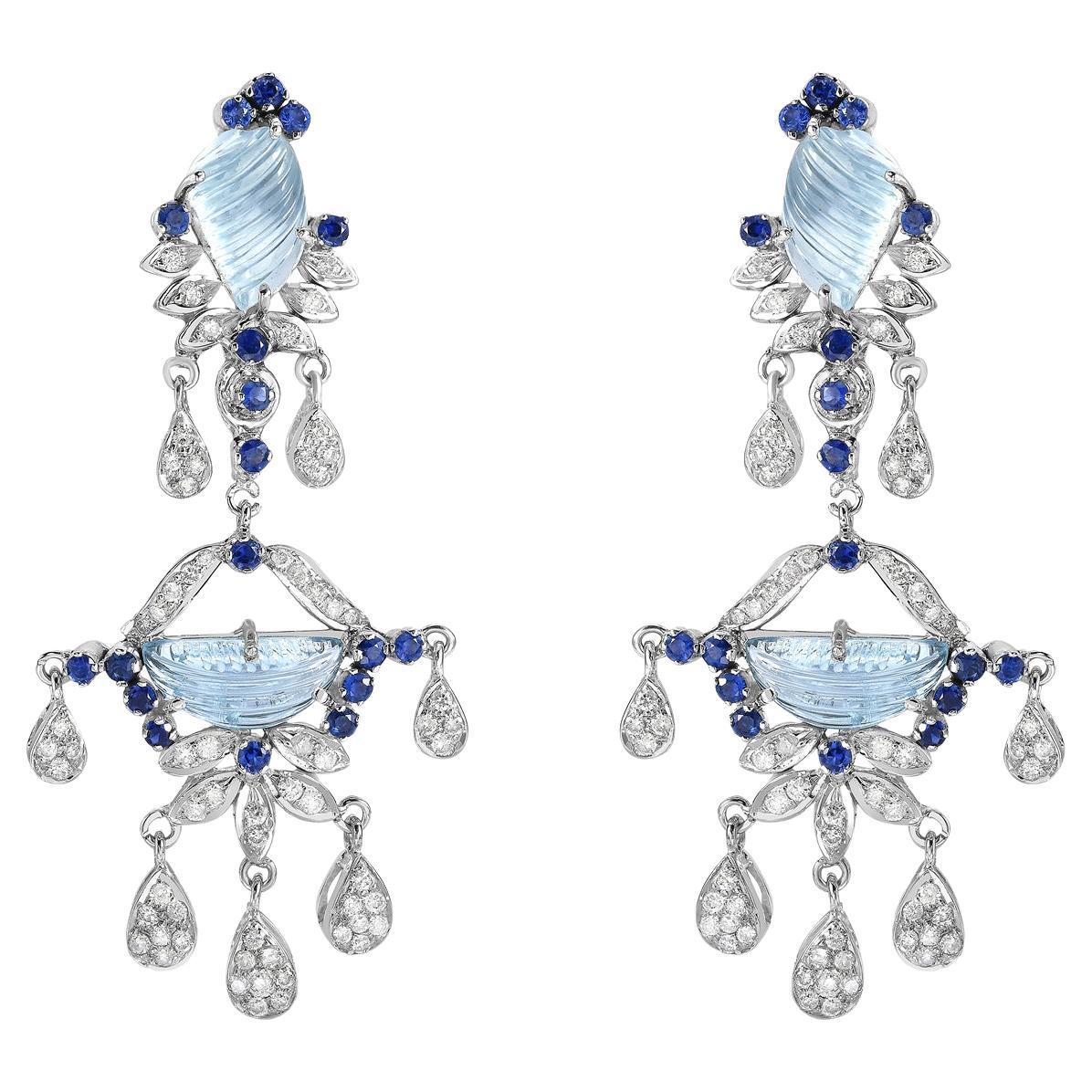 Ohrhänger mit Saphiren und Aquamarinen und Diamanten aus 18 Karat Weißgold