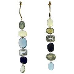 Sapphire, Aquamarine, Green Amethyst, Topaz and Lapis Lazuli 14 Karat Earrings