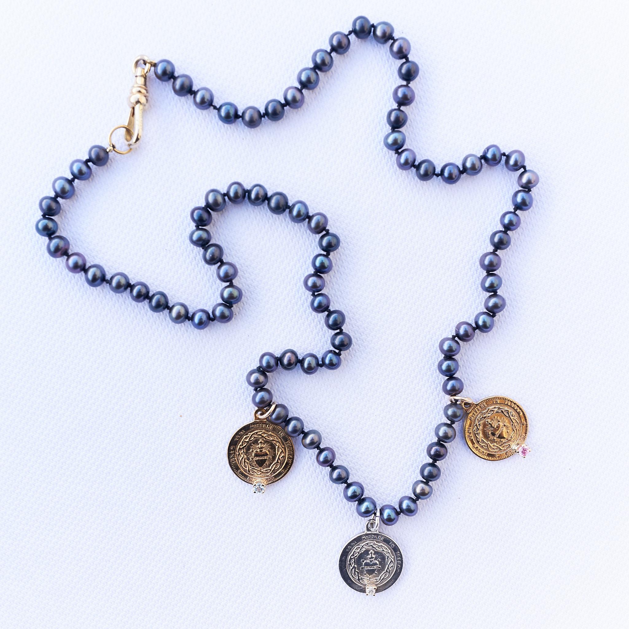 Brilliant Cut Sapphire Aquamarine Heart Medal Necklace Black Pearl Silver Bronze J Dauphin For Sale