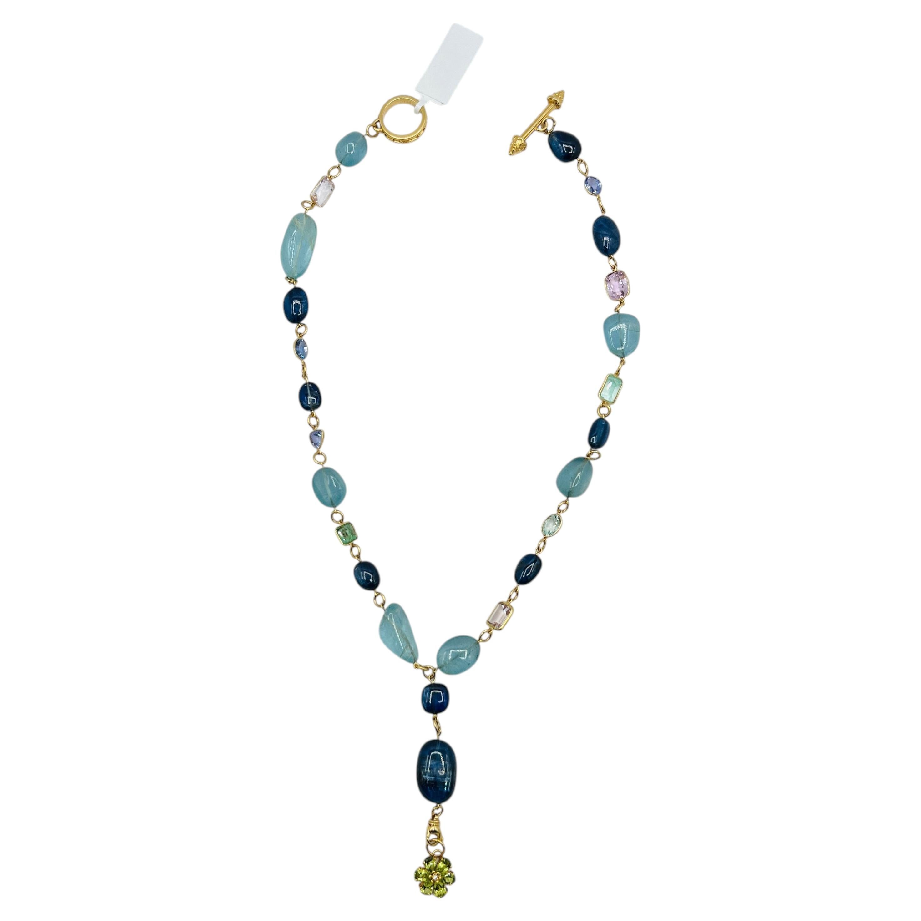 Sapphire, Aquamarine & Semi Precious Stones Necklace in 18K Yellow Gold