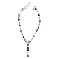 Sapphire, Aquamarine & Semi Precious Stones Necklace in 18K Yellow Gold