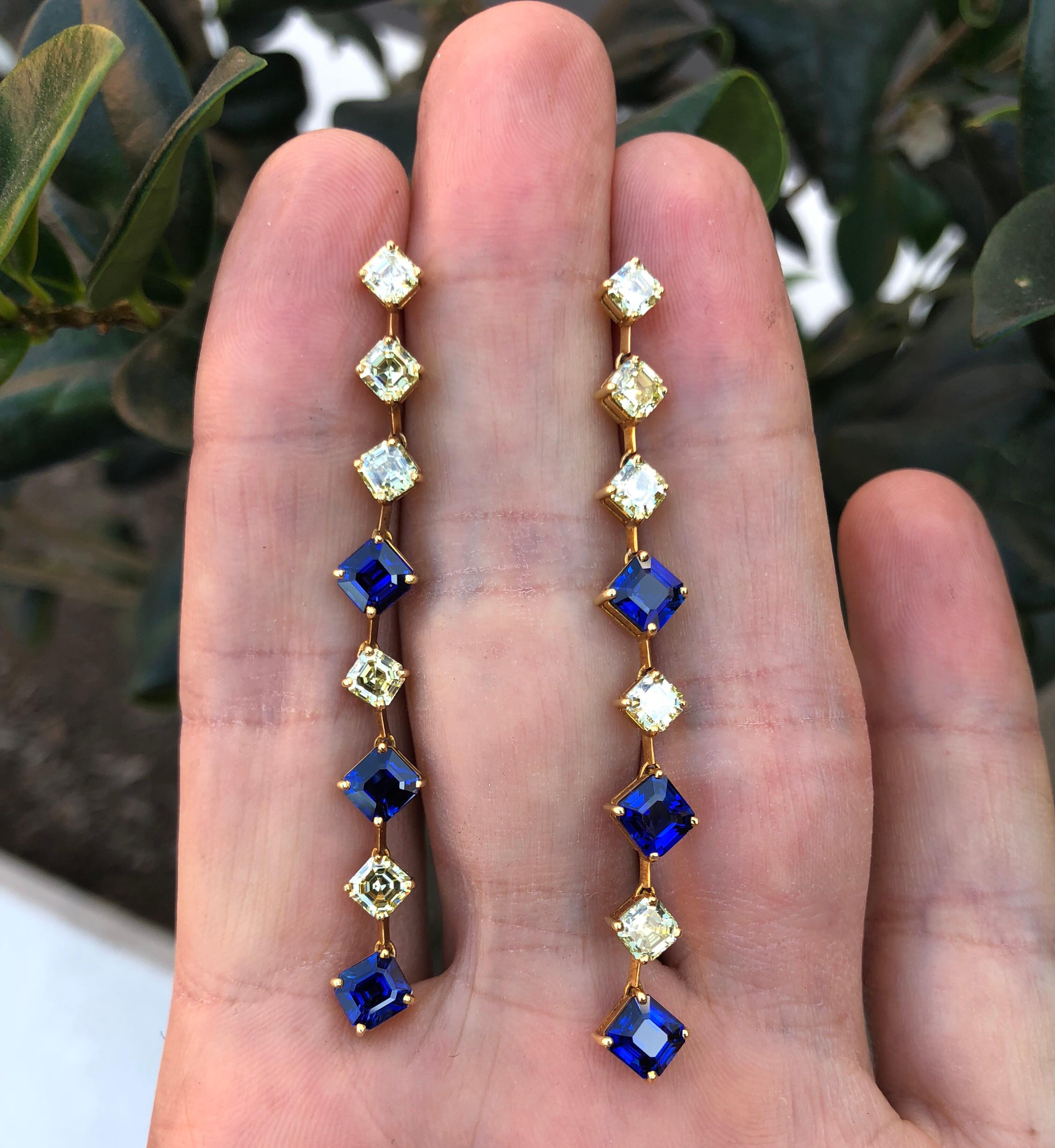 Contemporary Sapphire Asscher Cut Fancy Yellow Diamond Gold Earrings