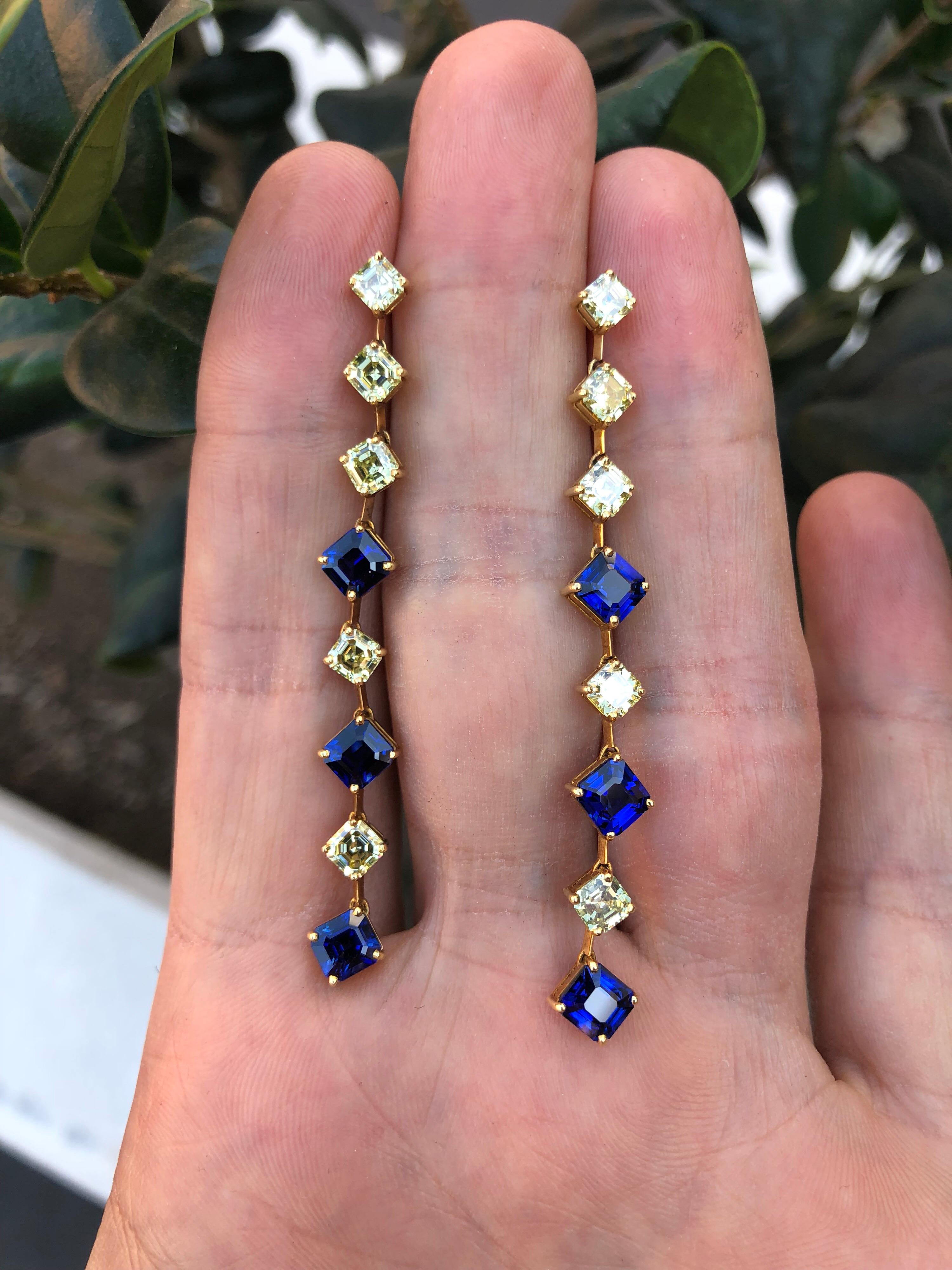 Modern Sapphire Asscher Cut Fancy Yellow Diamond Gold Earrings