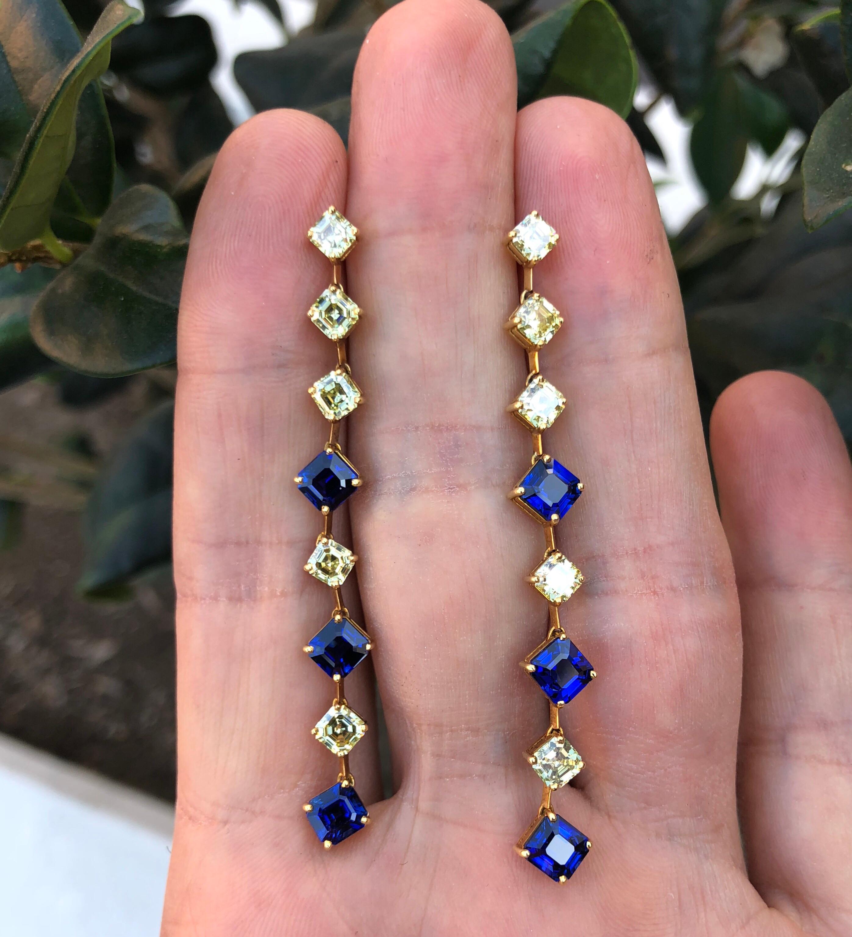 Sapphire Asscher Cut Fancy Yellow Diamond Gold Earrings In New Condition In Beverly Hills, CA