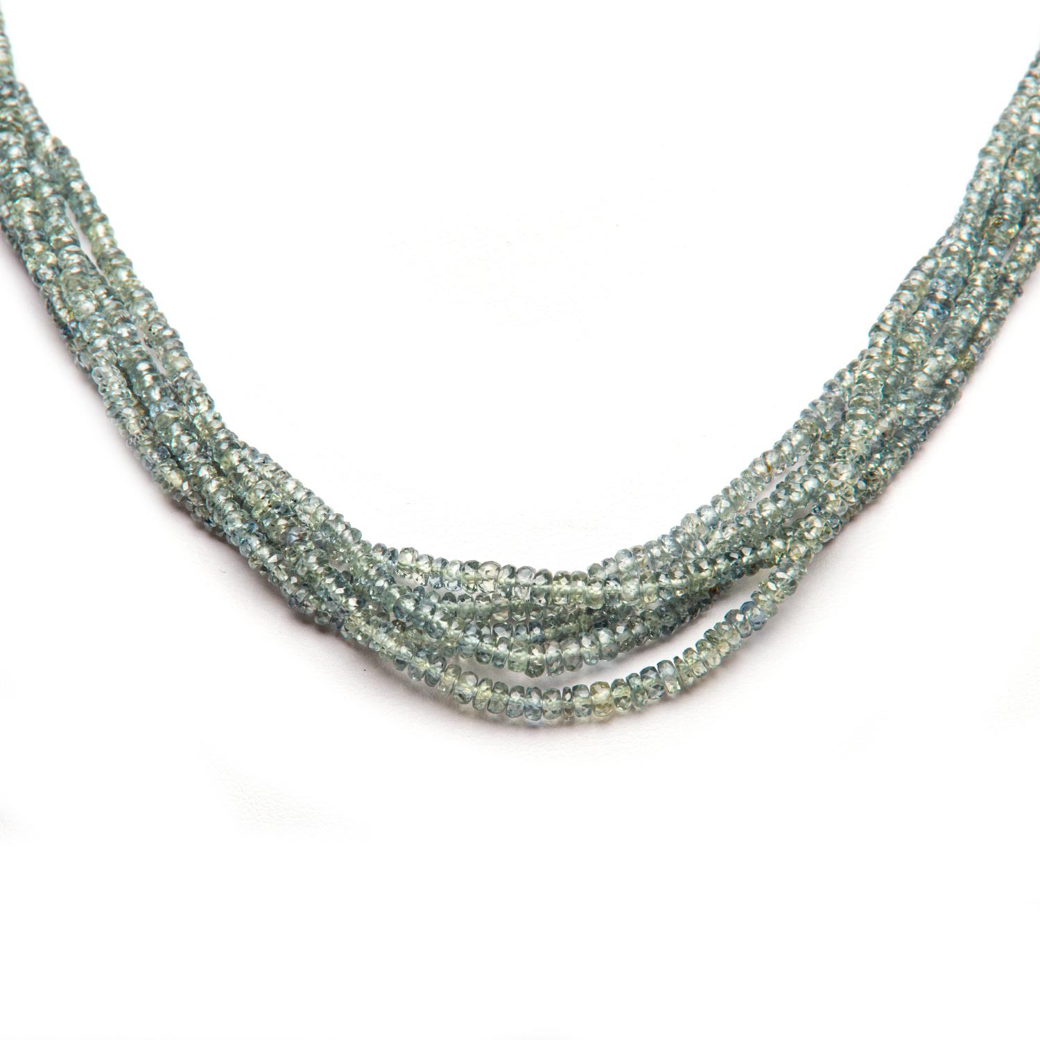 The Australian Green Sapphire Multi Row Bead Necklace has a gorgeous luminous soft green colour and is a great piece for every day wear.  Wear it twisted for a more formal look or loose for a casual nonchalent look. The length of the necklace is