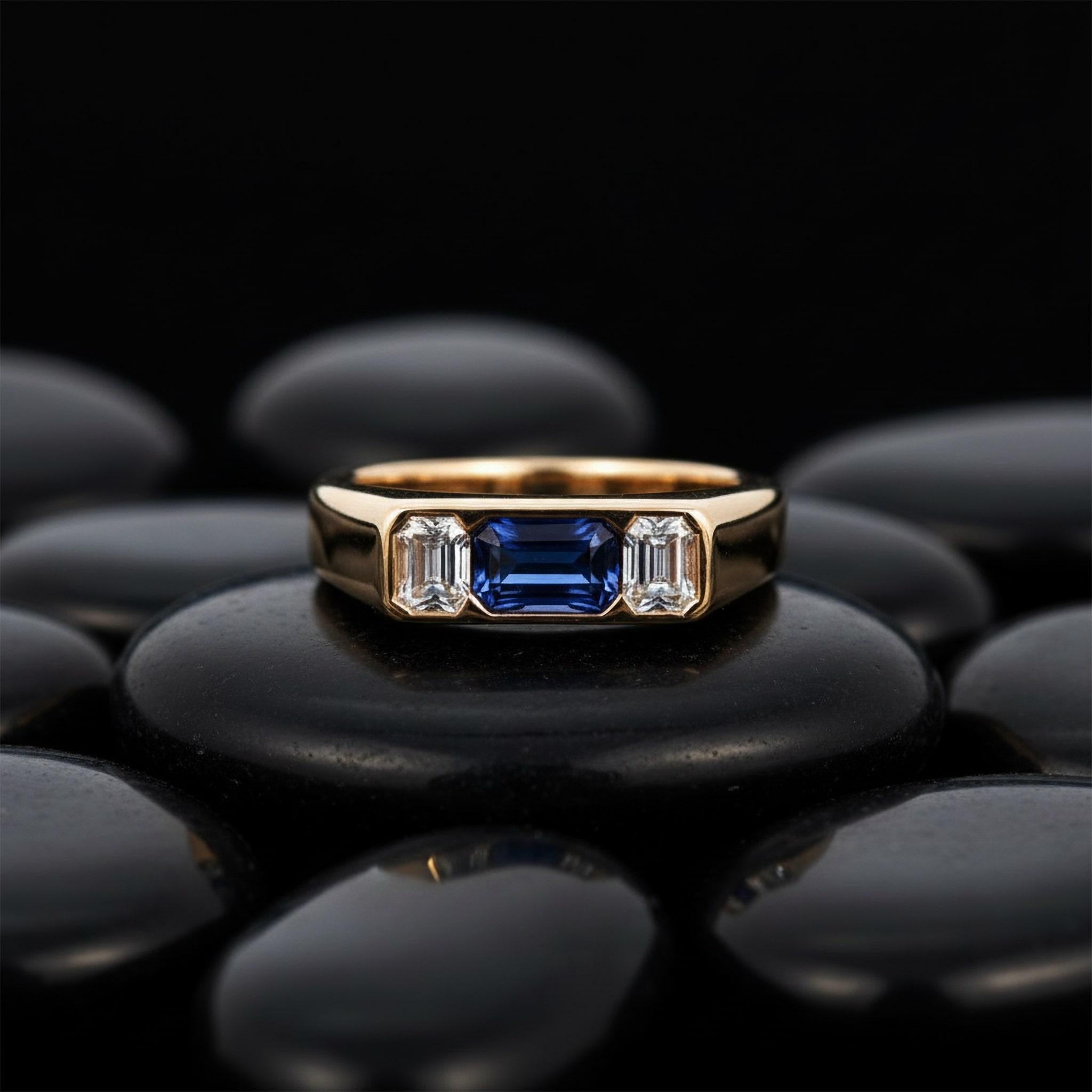 En vente :  Bague saphir baguette en or jaune 14K (ou 18k sur demande) diamant 3