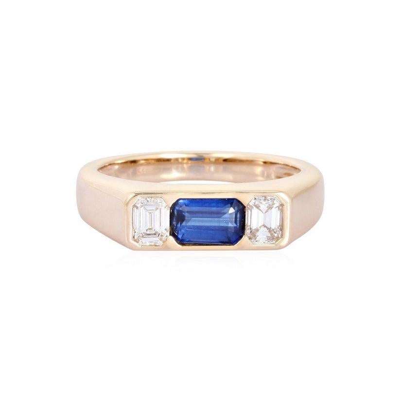 En vente :  Bague saphir baguette en or jaune 14K (ou 18k sur demande) diamant 4