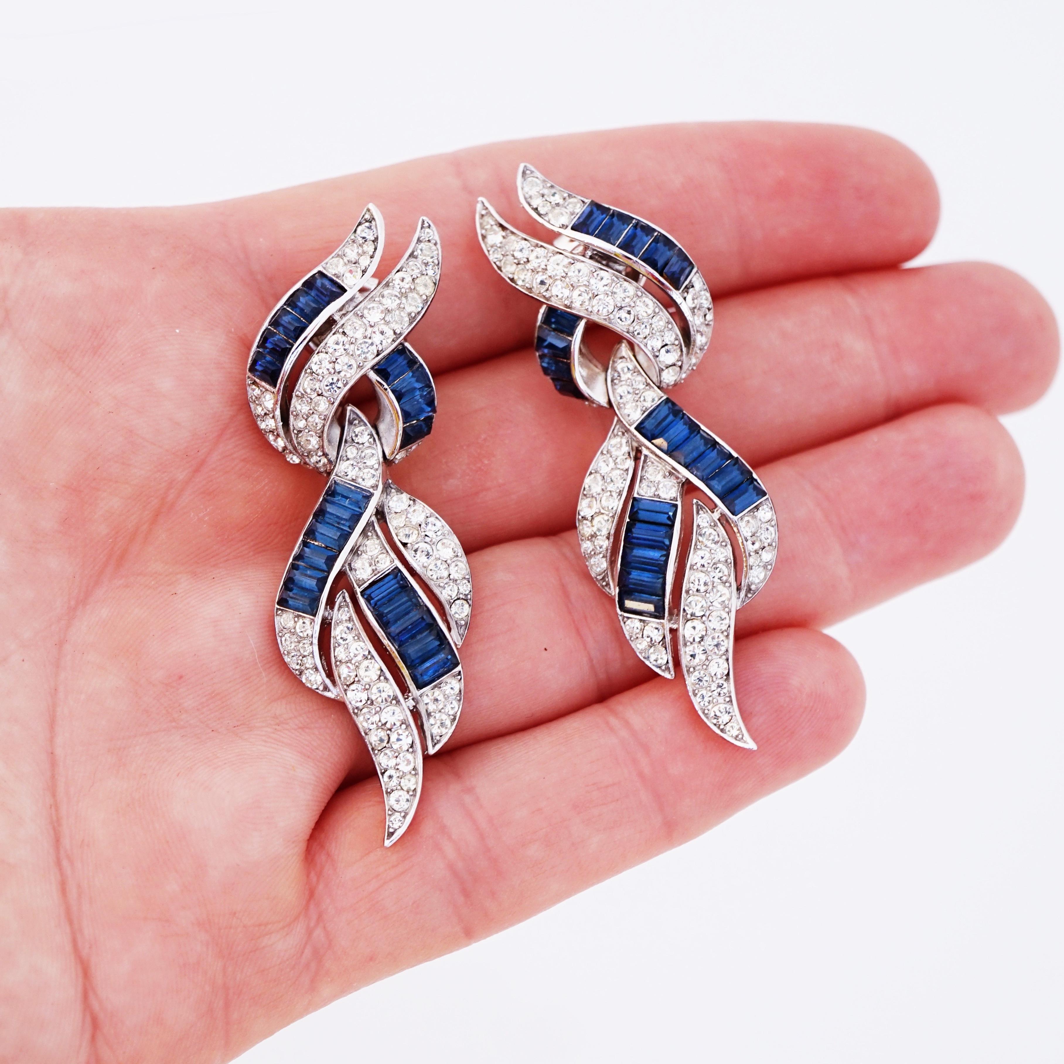 Sapphire Baguette Crystal Cocktail Drop Earrings By Crown Trifari, 1950s In Good Condition In McKinney, TX