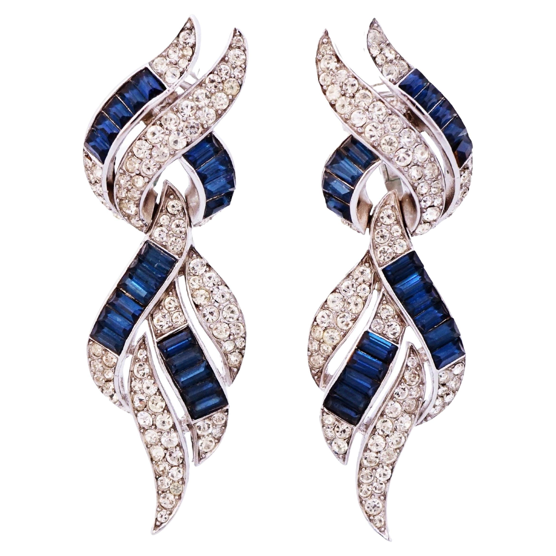 Sapphire Baguette Crystal Cocktail Drop Earrings By Crown Trifari, 1950s For Sale