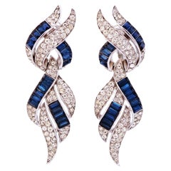 Retro Sapphire Baguette Crystal Cocktail Drop Earrings By Crown Trifari, 1950s