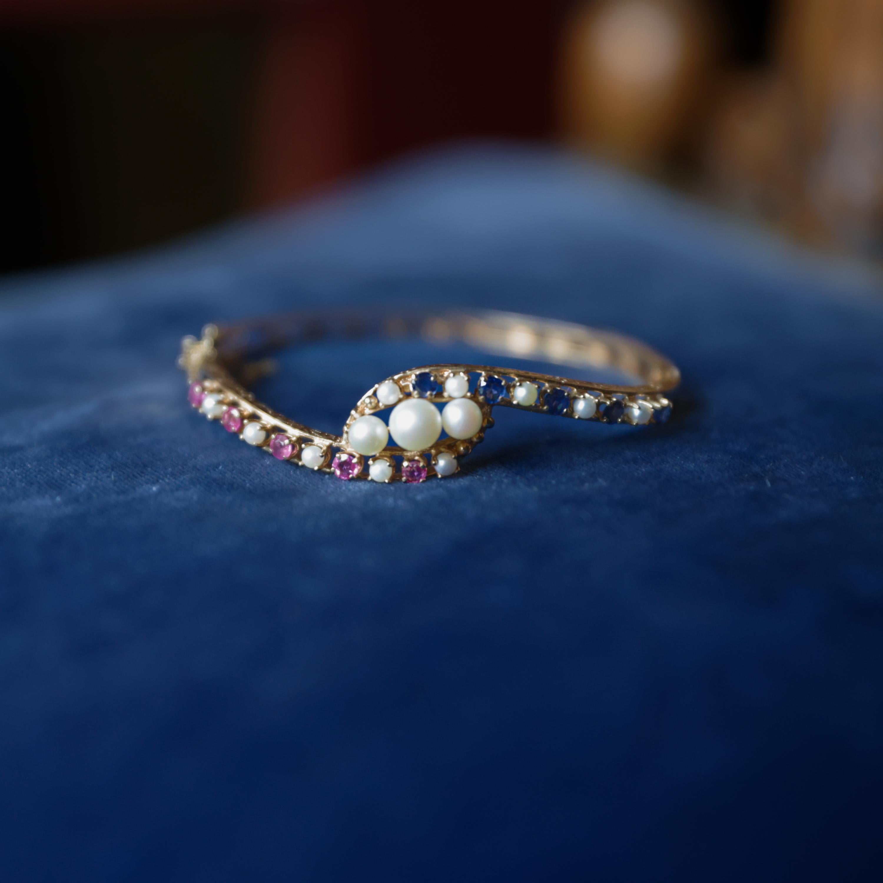 Sapphire Bangle Pink and Blue Royal Blue and Ruby-ish Pink with Pearls For Sale 6