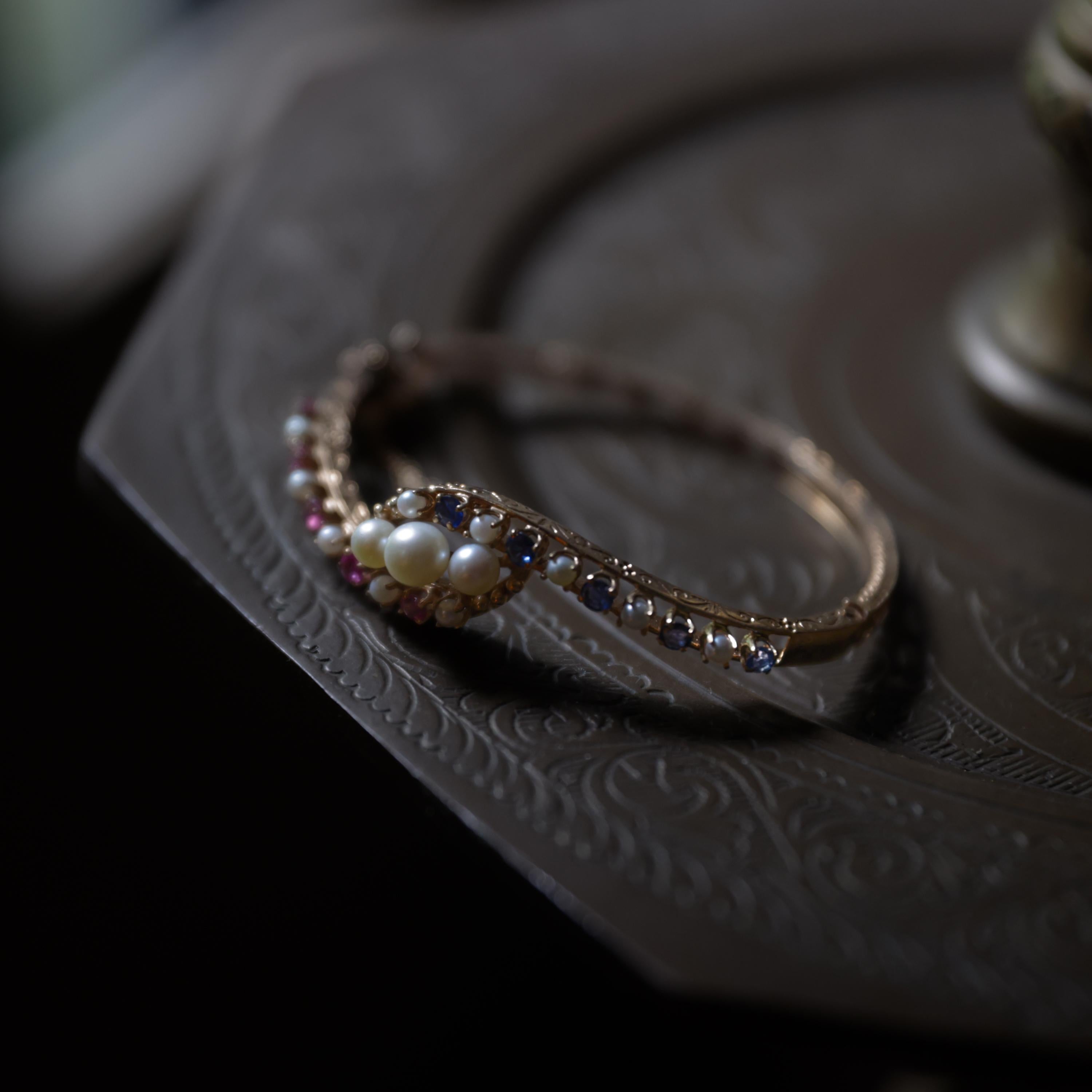 Sapphire Bangle Pink and Blue Royal Blue and Ruby-ish Pink with Pearls For Sale 2