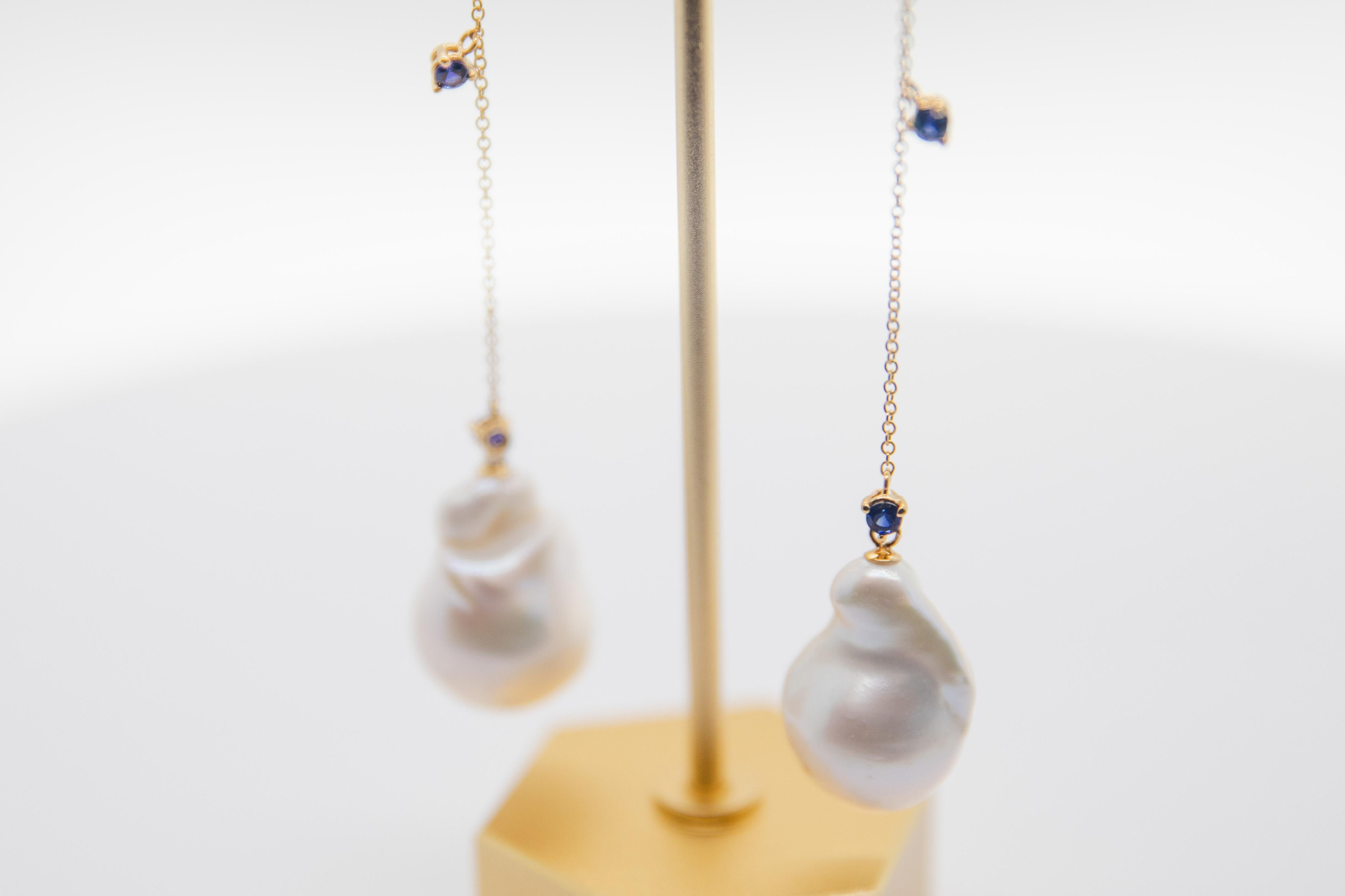 Sapphire Baroque Pearl Chain Drop Earring For Sale 5