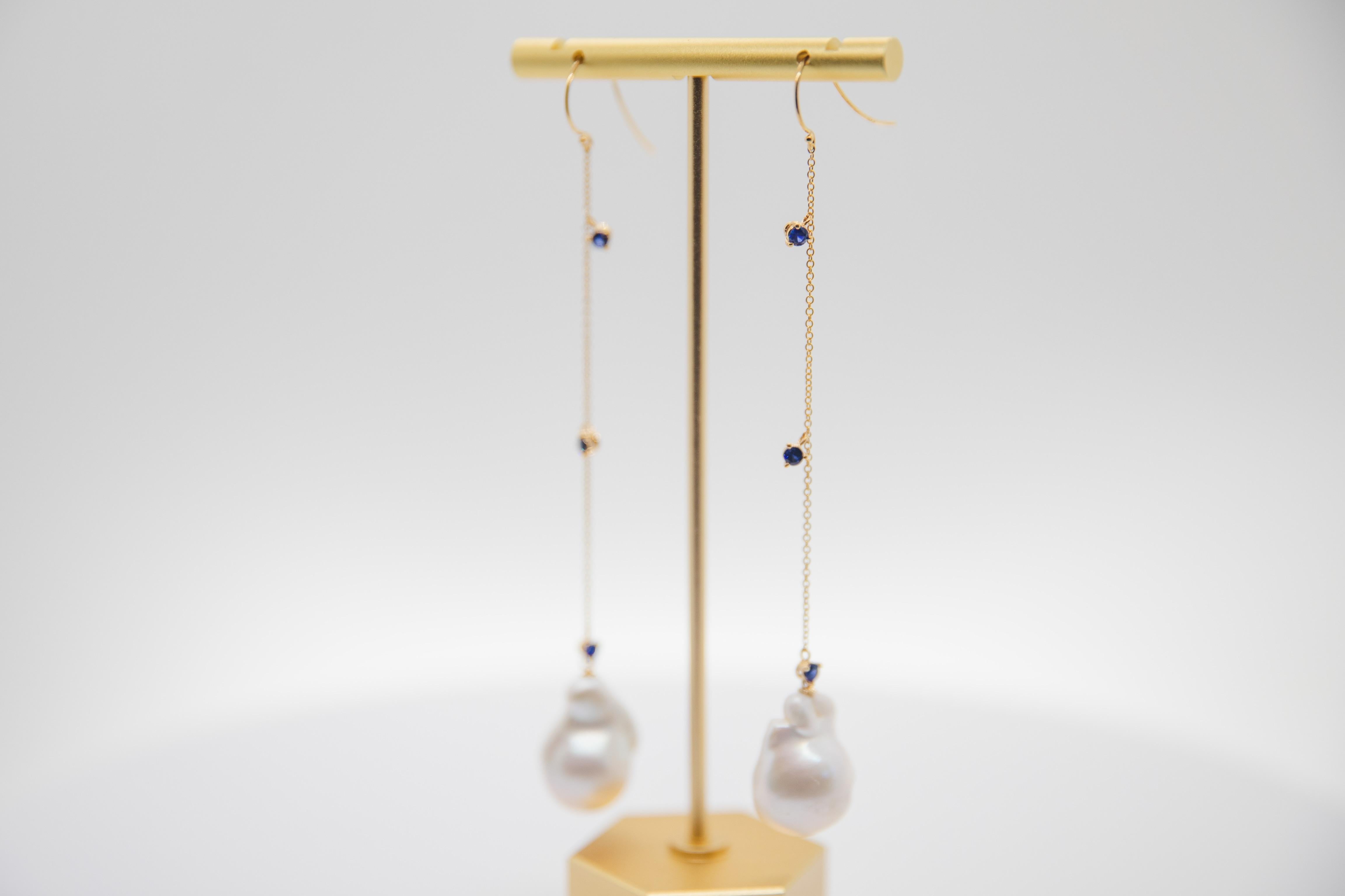 Sapphire Baroque Pearl Chain Drop Earring For Sale 6