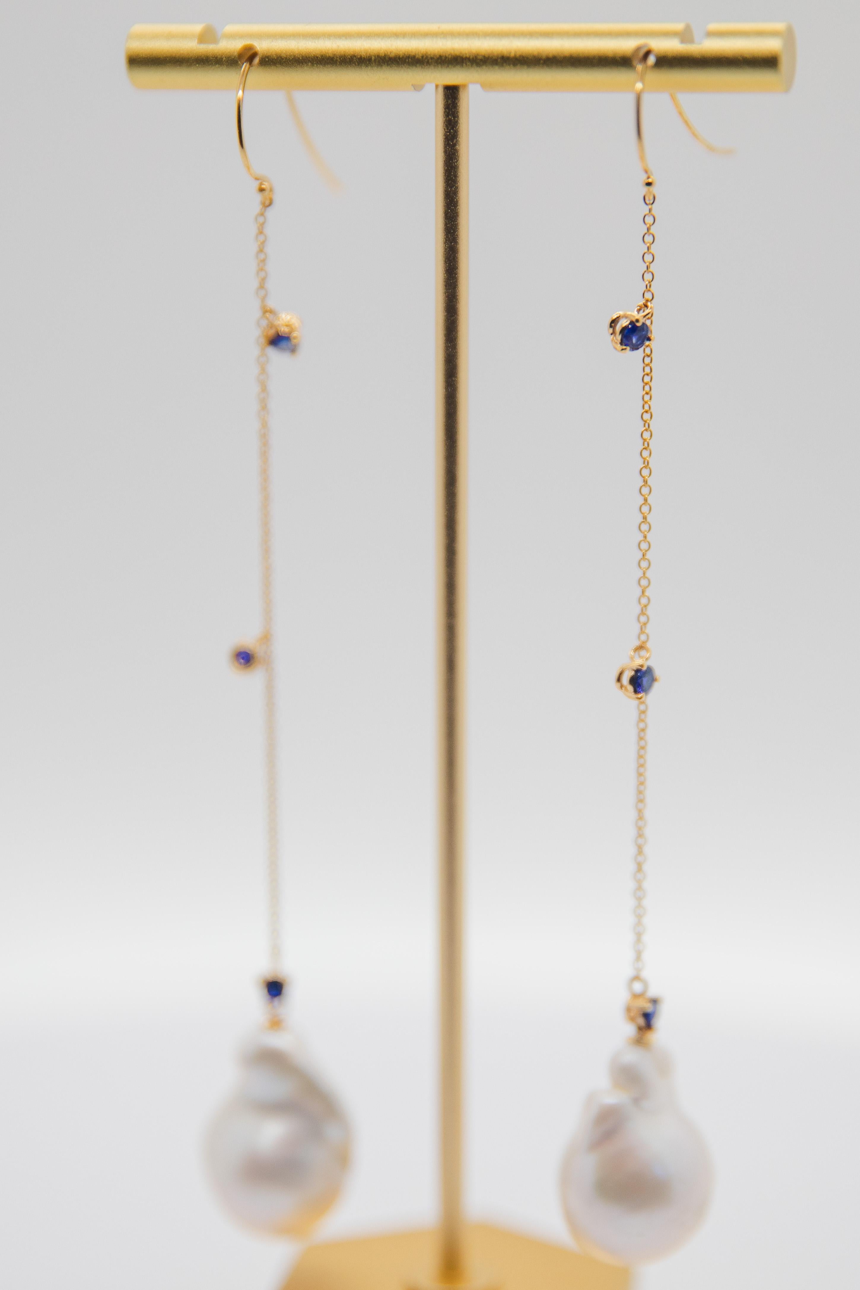 Sapphire Baroque Pearl Chain Drop Earring For Sale 8