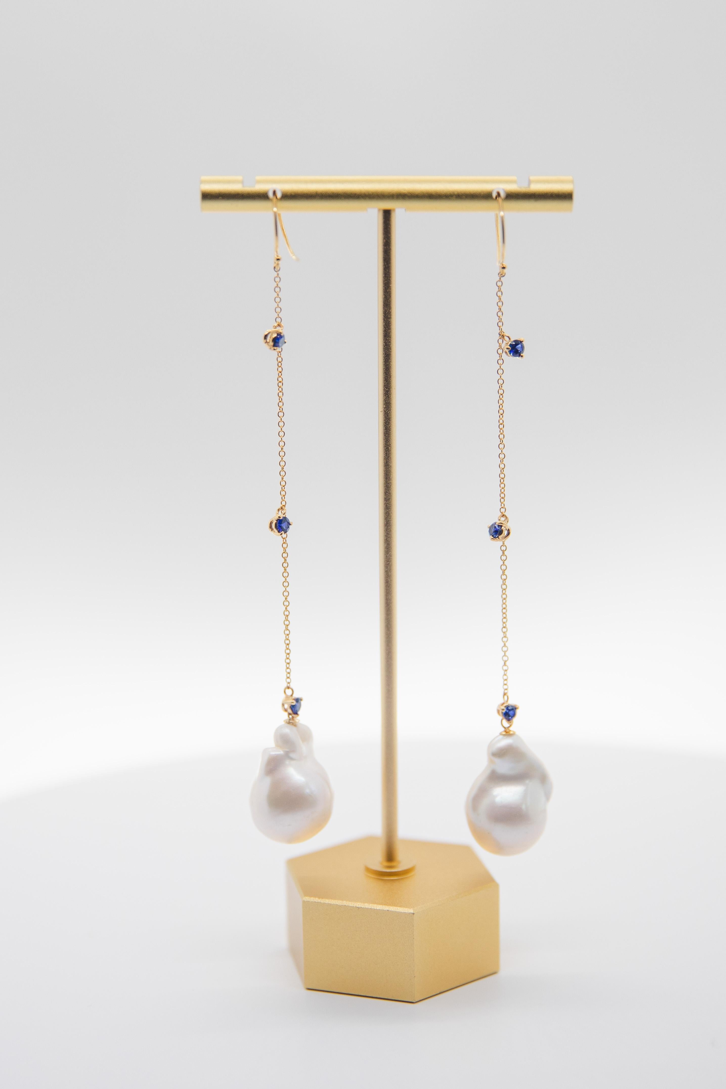 Women's or Men's Sapphire Baroque Pearl Chain Drop Earring For Sale