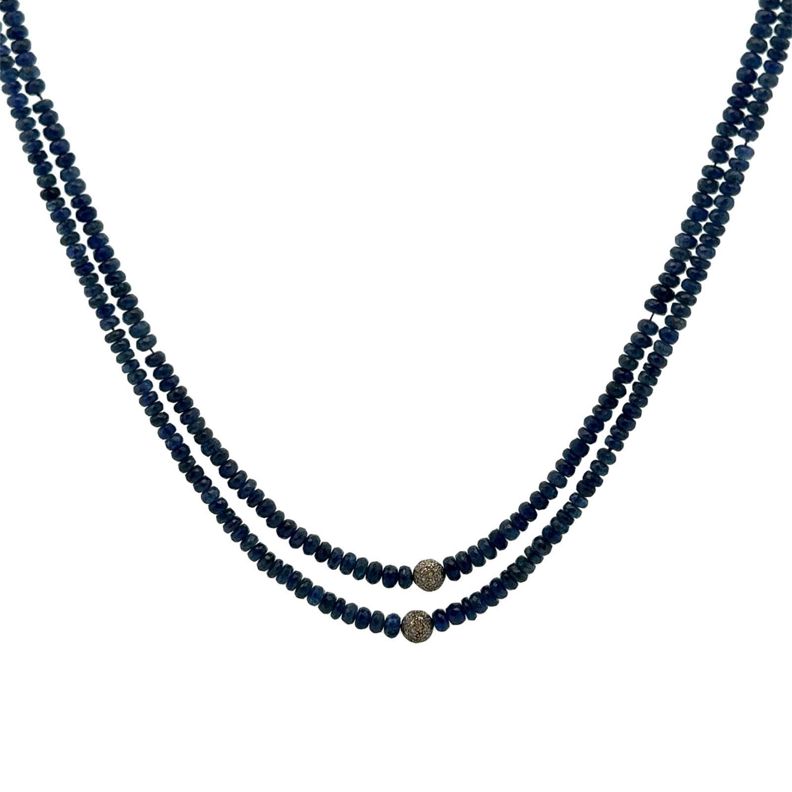 Collana con perle di zaffiro e diamanti a due file in oro bianco 14 carati da 16 pollici In condizioni ottime in vendita a Boca Raton, FL