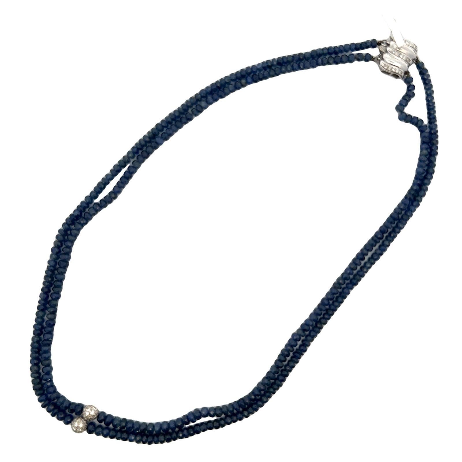 Collana con perle di zaffiro e diamanti a due file in oro bianco 14 carati da 16 pollici in vendita 1