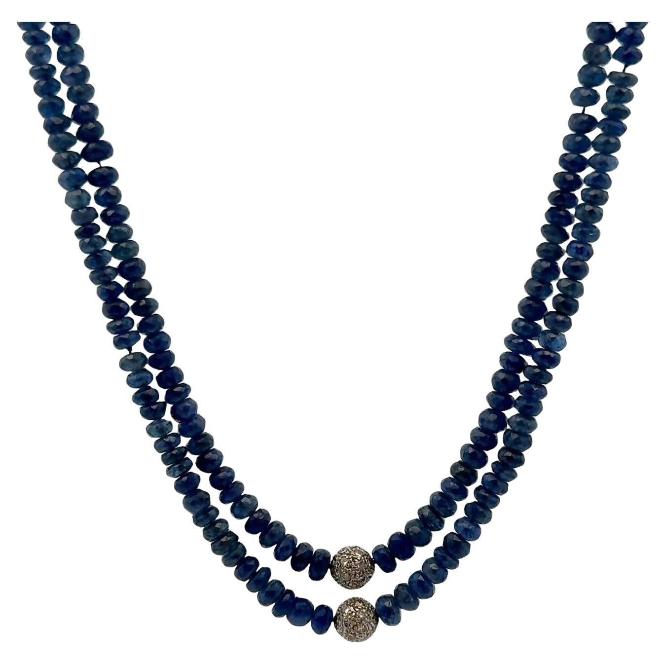 Collana con perle di zaffiro e diamanti a due file in oro bianco 14 carati da 16 pollici