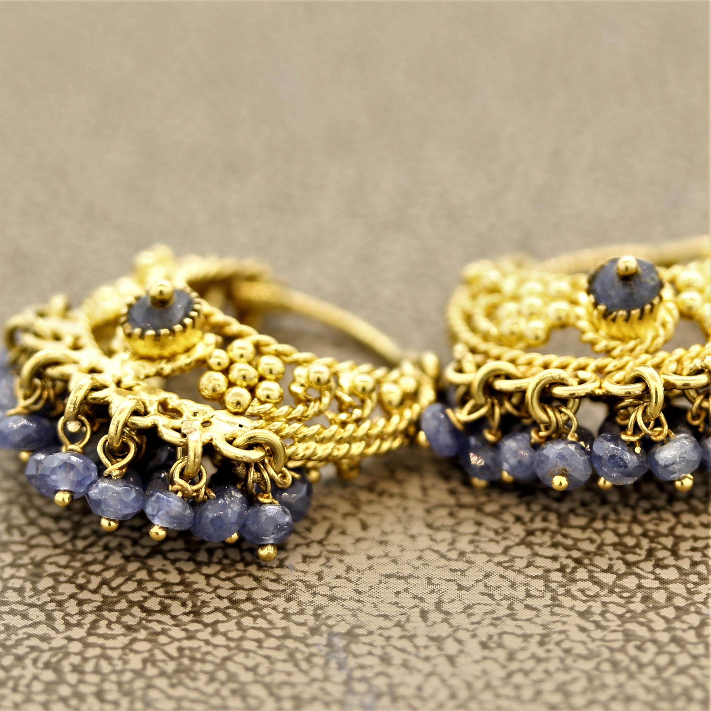 Round Cut Sapphire Bead Gold Tassel Earrings For Sale