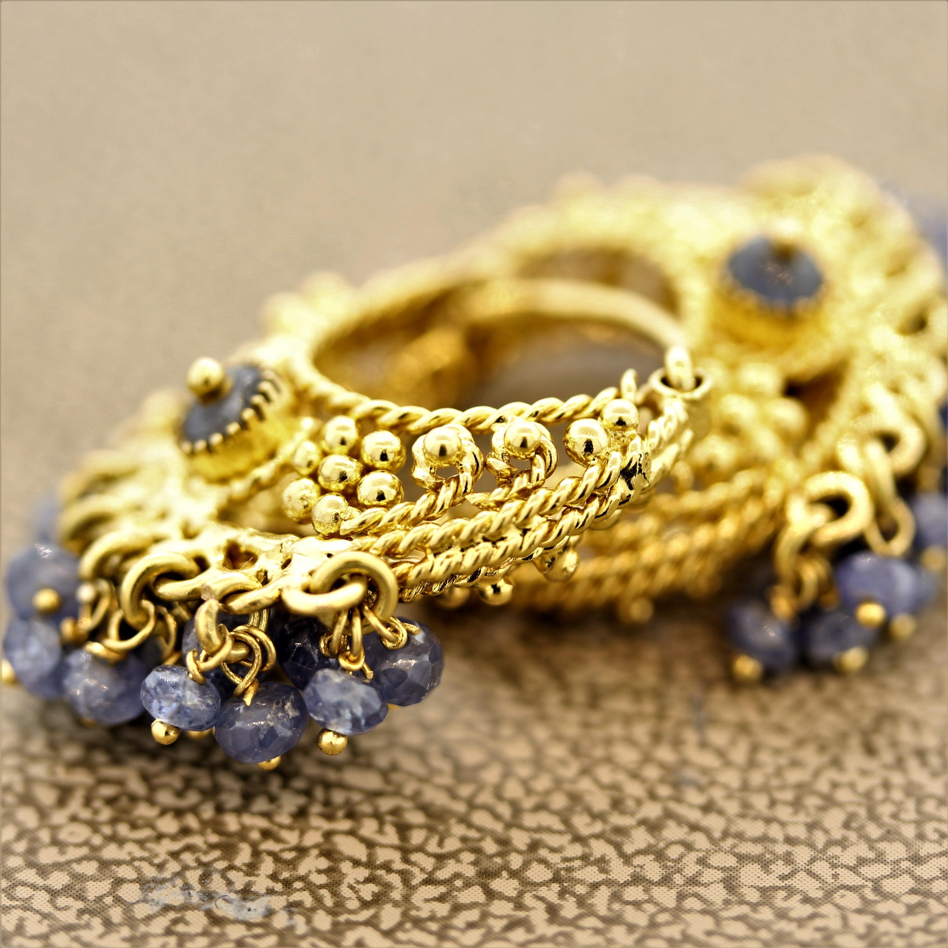 Sapphire Bead Gold Tassel Earrings In New Condition In Beverly Hills, CA