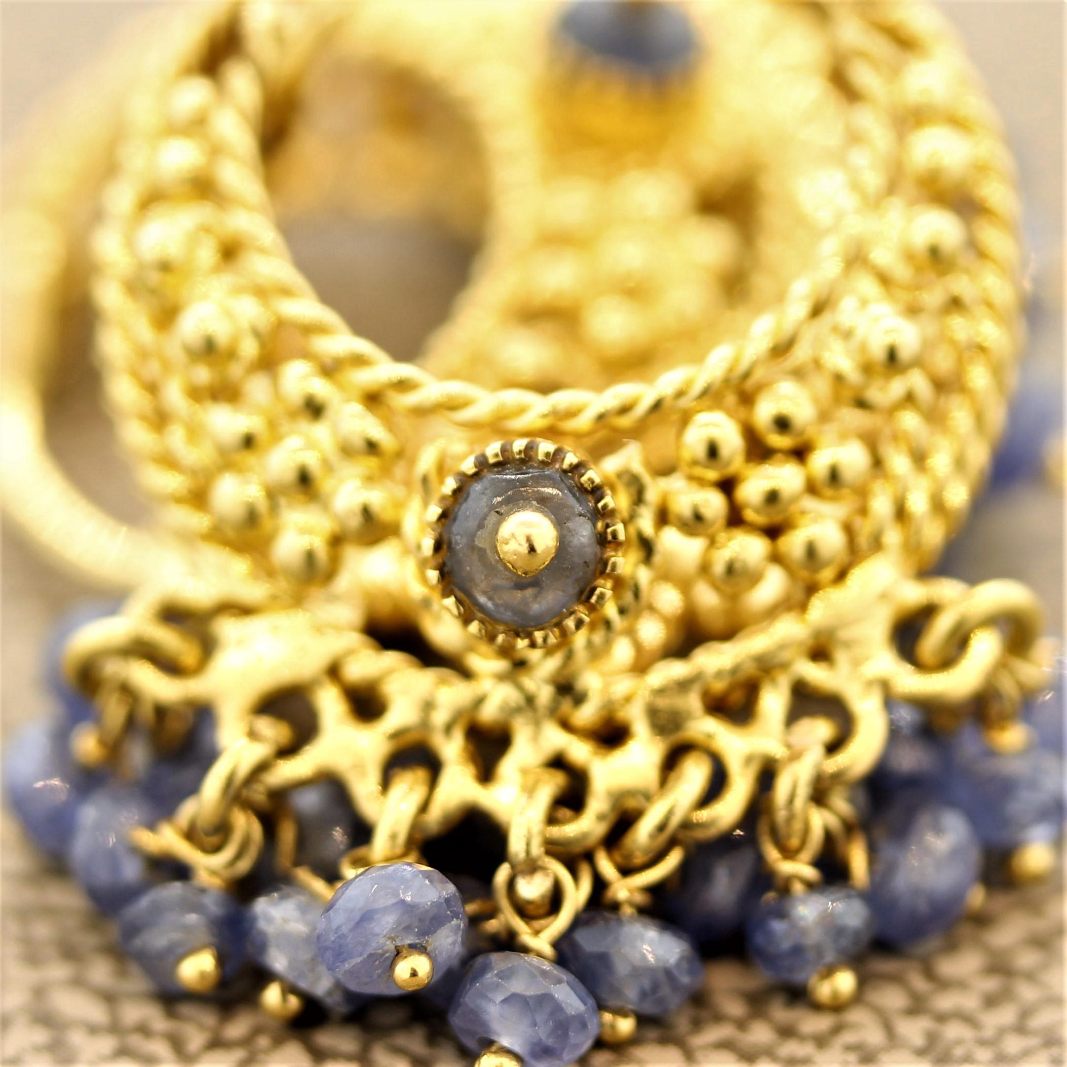 Women's Sapphire Bead Gold Tassel Earrings