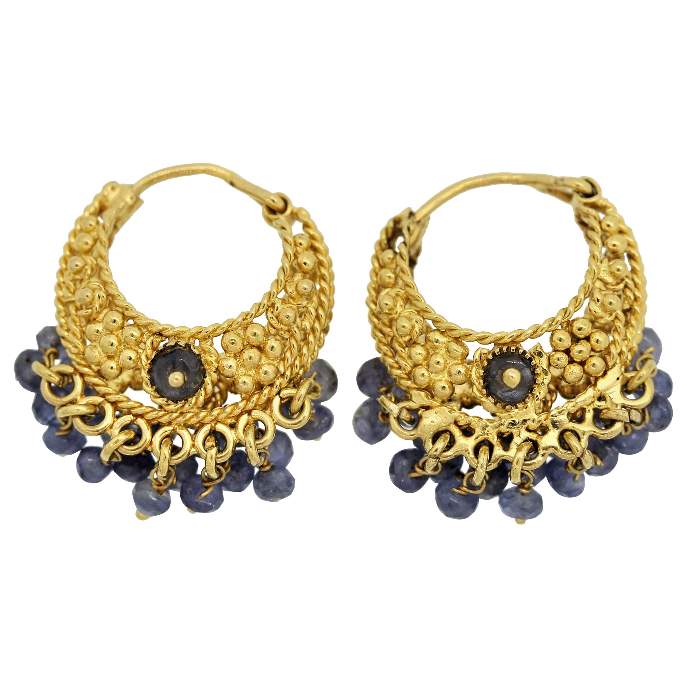 Sapphire Bead Gold Tassel Earrings For Sale