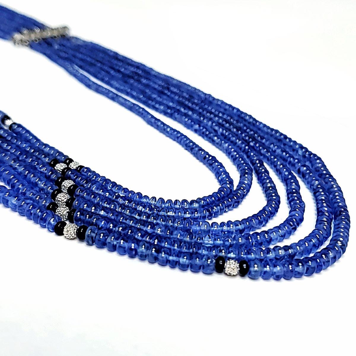 Women's Sapphire Beads Cts 526.08 and Diamond Roundel Necklace with 14k Diamond Clasp For Sale