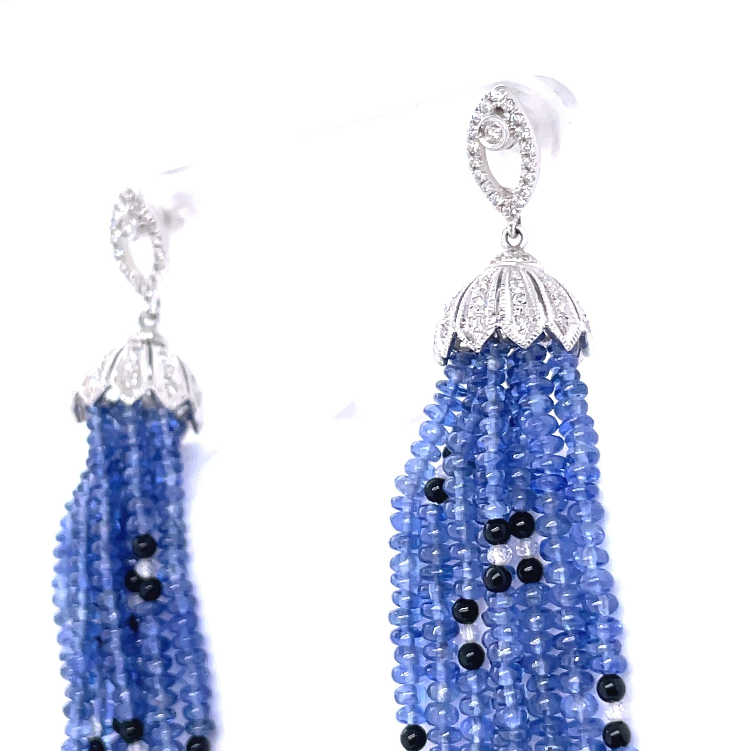 Contemporary Sapphire Beads Cts 79.34 Black Onyx and Diamond Beads Cts 1.74 Earrings For Sale
