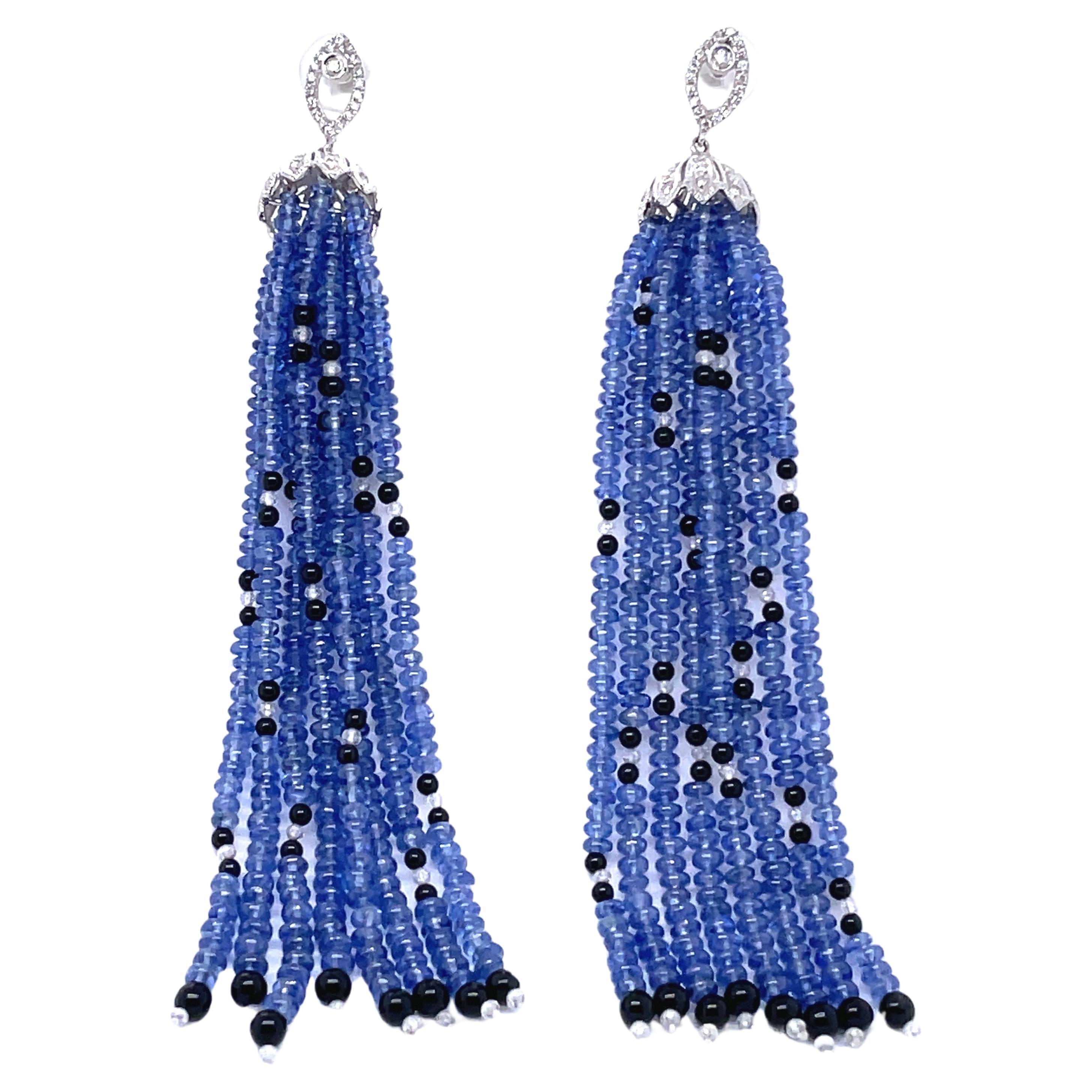 Saphir-Perlen Cts 79,34 Schwarzer Onyx und Diamant-Perlen Cts 1,74 Ohrringe im Angebot