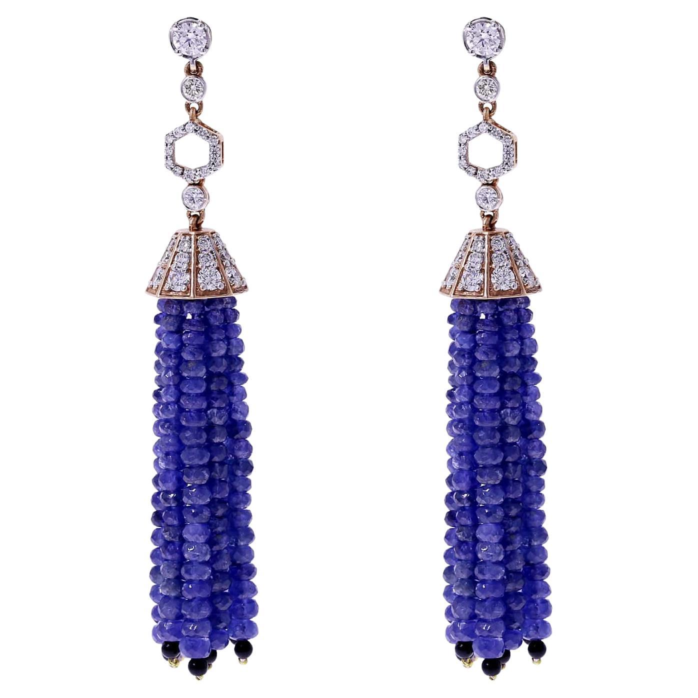 Sapphire Beads Tassel Earrings with Diamonds and Onyx, 18k
