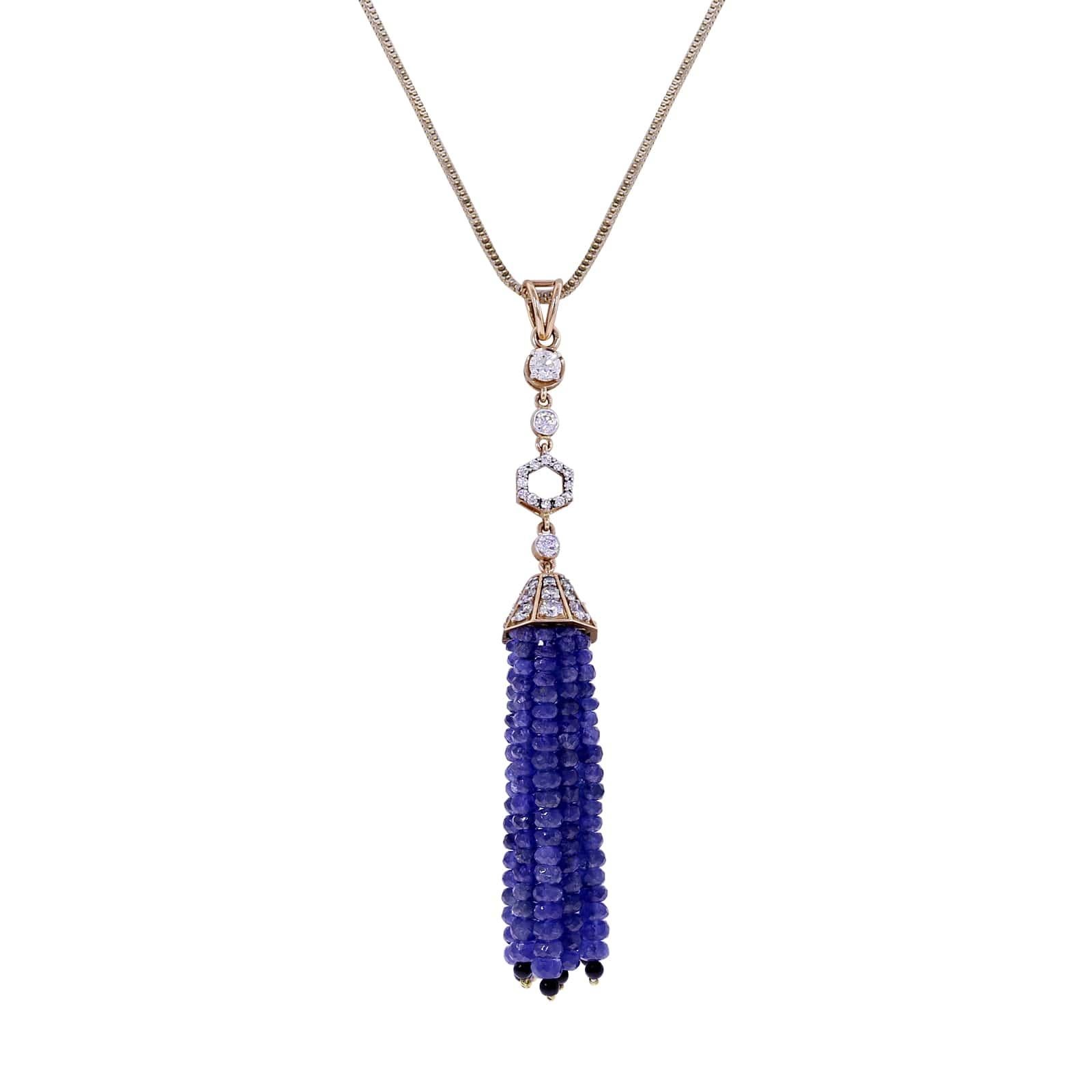 Sapphire Beads Tassel Pendant with Onyx and Diamonds, 18k In New Condition For Sale In New York, NY