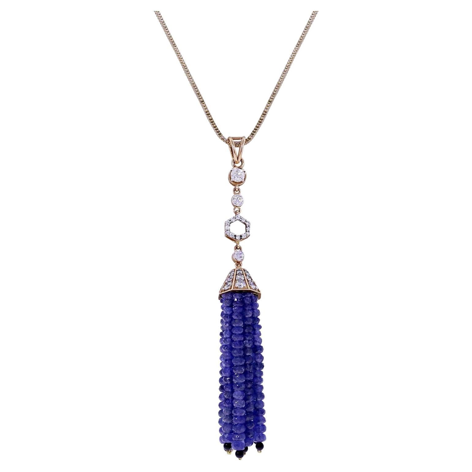 Sapphire Beads Tassel Pendant with Onyx and Diamonds, 18k For Sale
