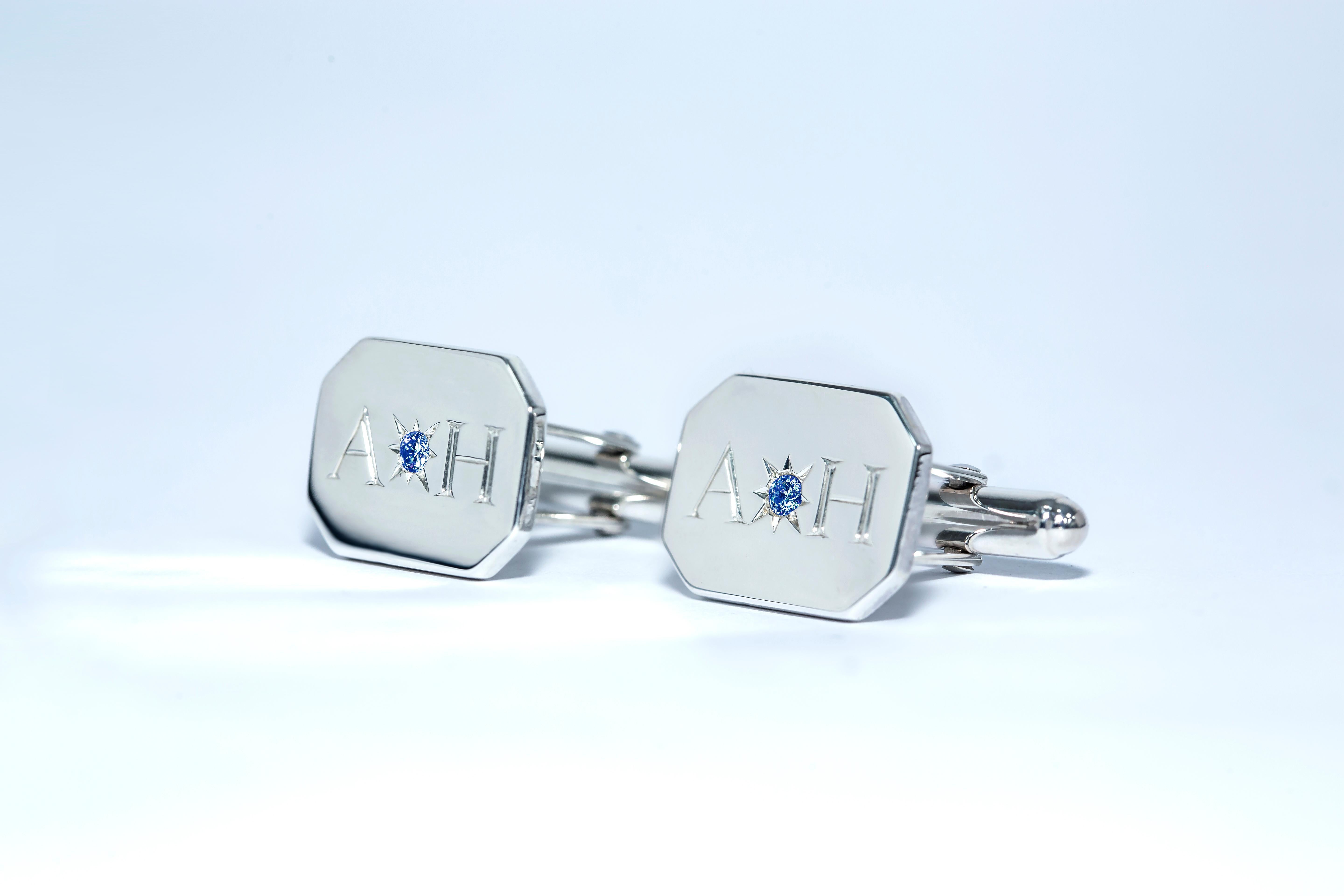 Sapphire Bespoke Sterling Silver Rectangular Engraved Modern Classic Cufflinks In New Condition For Sale In London, GB