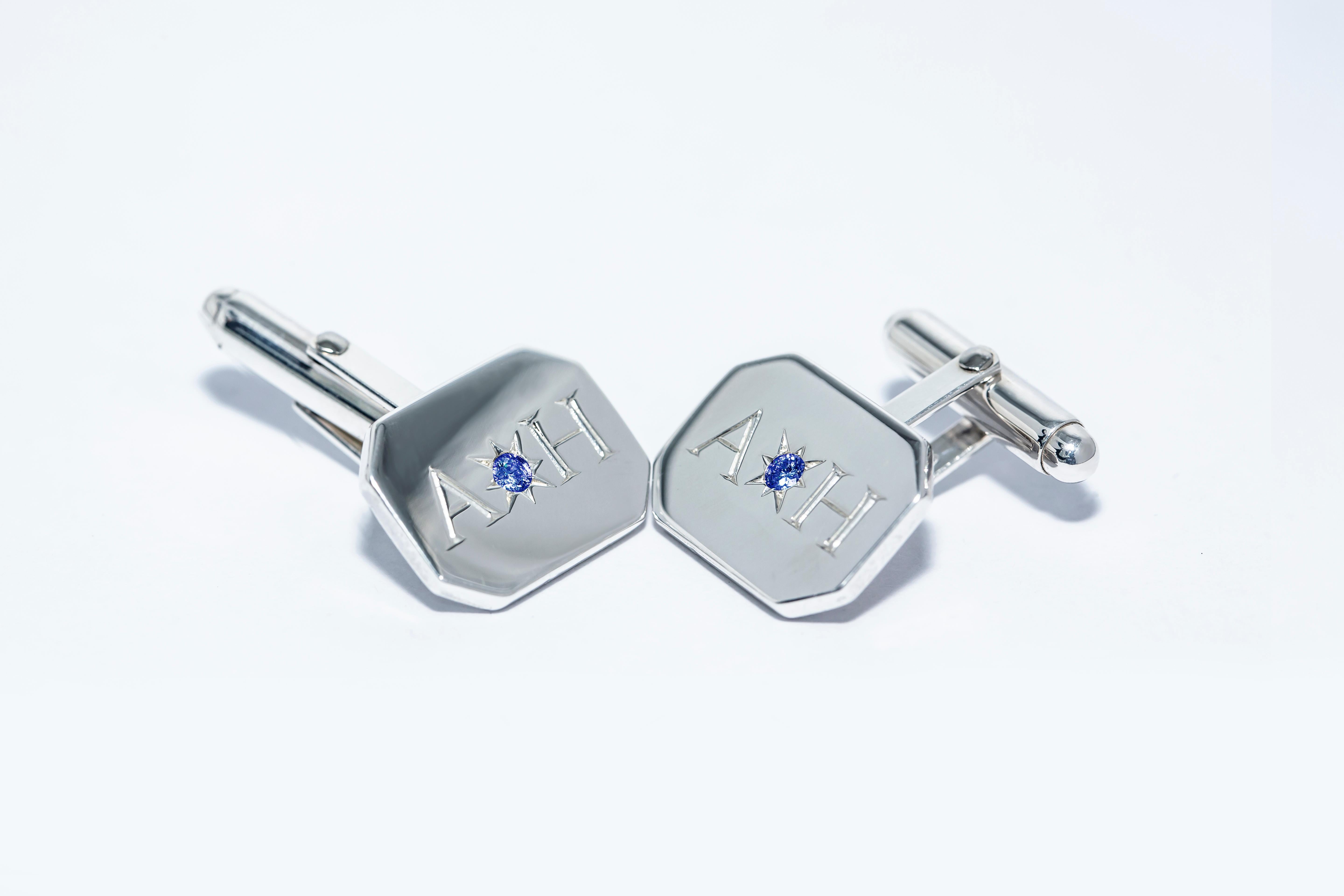 Sapphire Bespoke Sterling Silver Rectangular Engraved Modern Classic Cufflinks In New Condition For Sale In London, GB