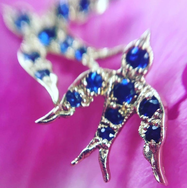 Sapphire Bird Stud Swallow Earrings Yellow Gold Blackbird and the Snow