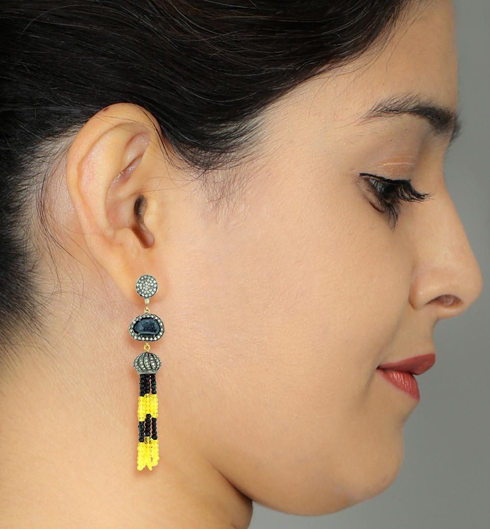 Artisan Sapphire & Black Onyx Tassel Earrings With Sliced Geode & Diamonds For Sale