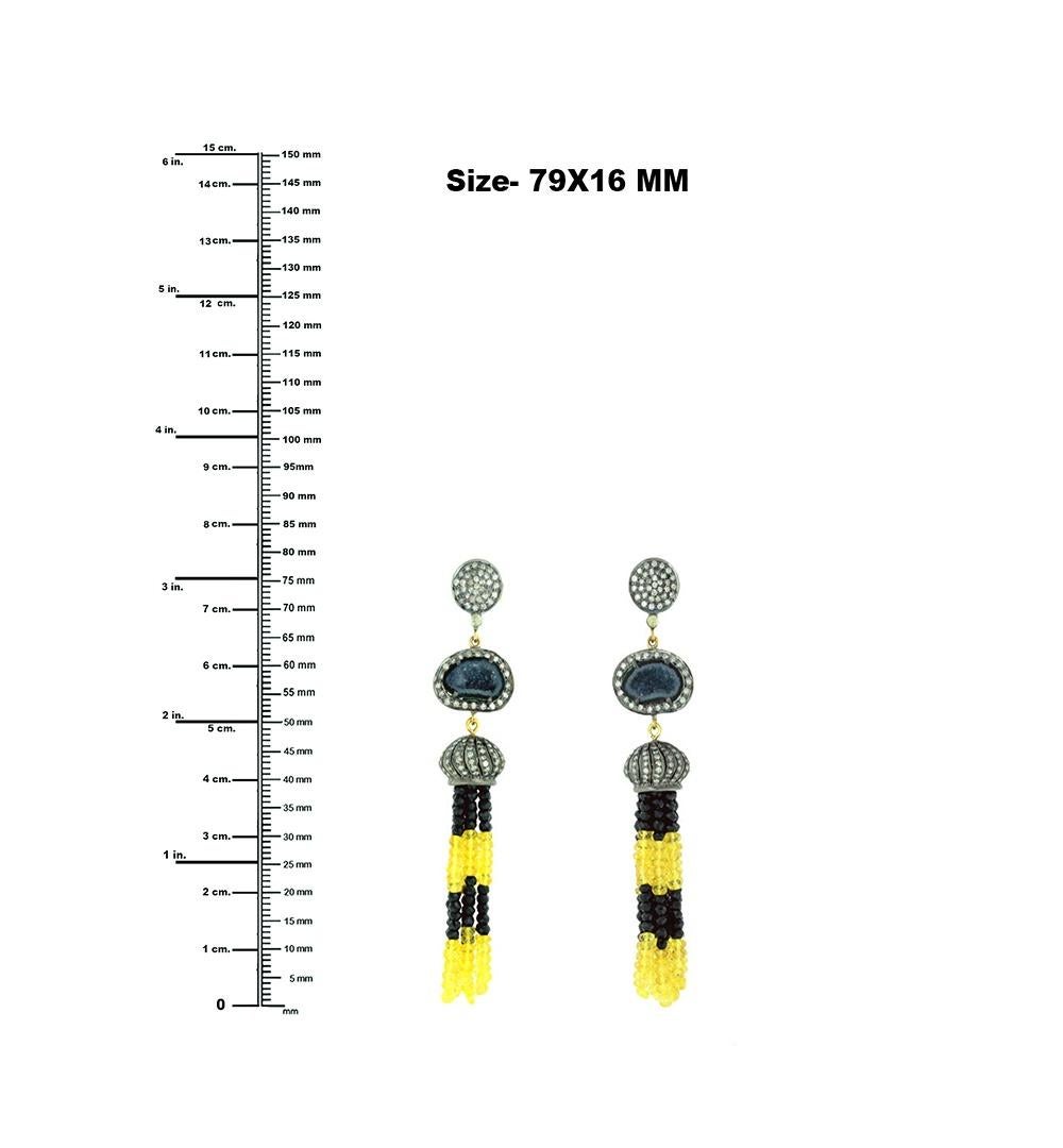 Mixed Cut Sapphire & Black Onyx Tassel Earrings With Sliced Geode & Diamonds For Sale