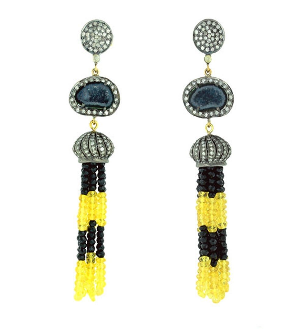 Sapphire & Black Onyx Tassel Earrings With Sliced Geode & Diamonds In New Condition For Sale In New York, NY