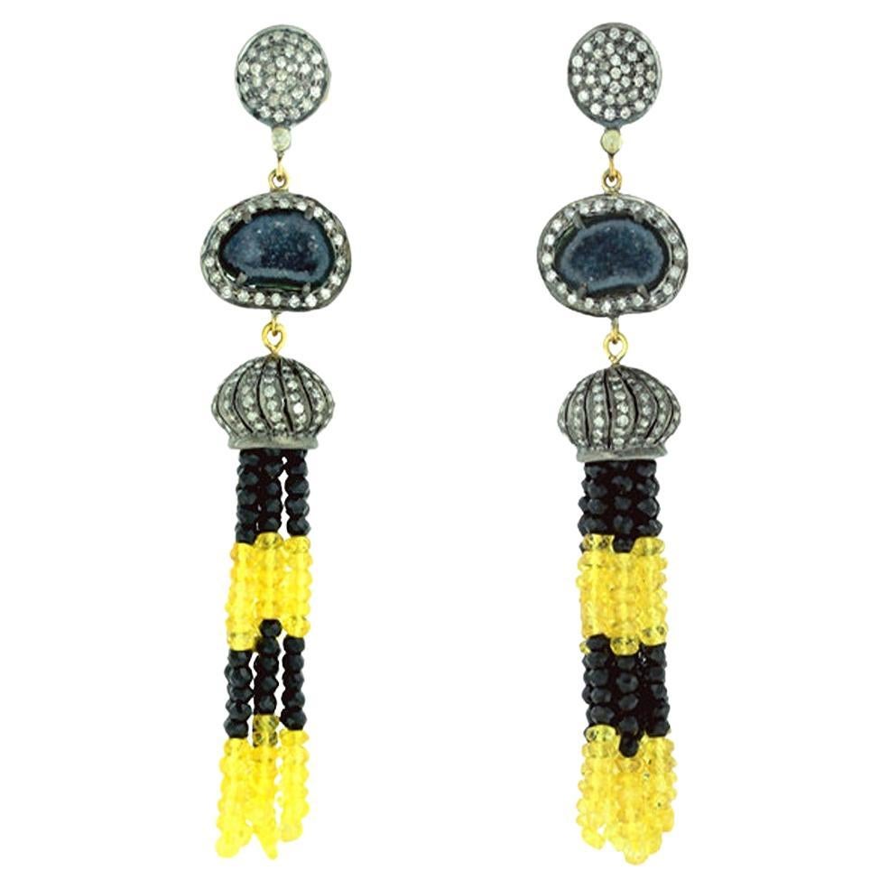 Sapphire & Black Onyx Tassel Earrings With Sliced Geode & Diamonds