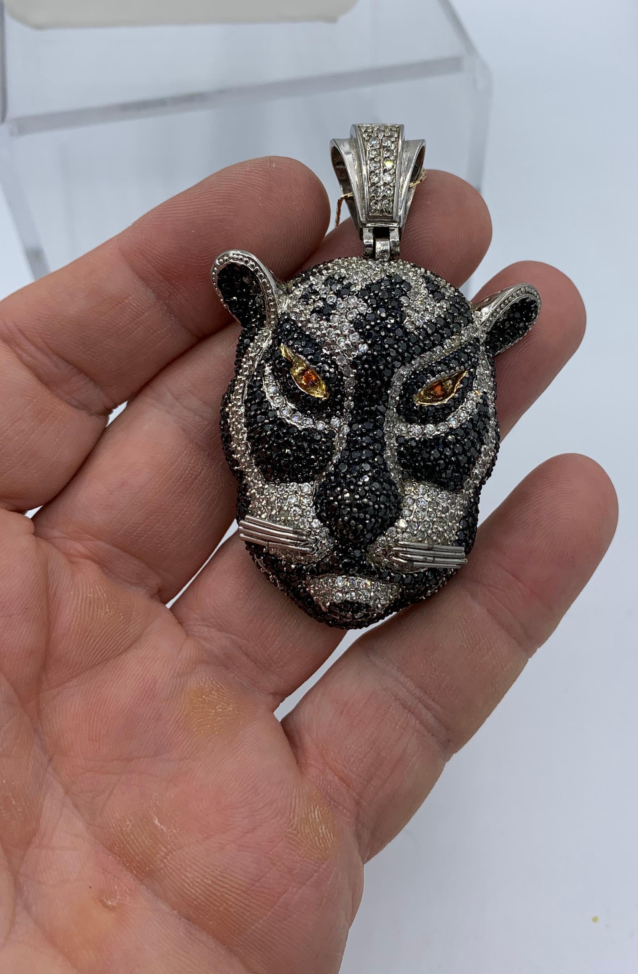 Round Cut Sapphire Black Panther Leopard Pendant Necklace Black White Orange Sapphires For Sale