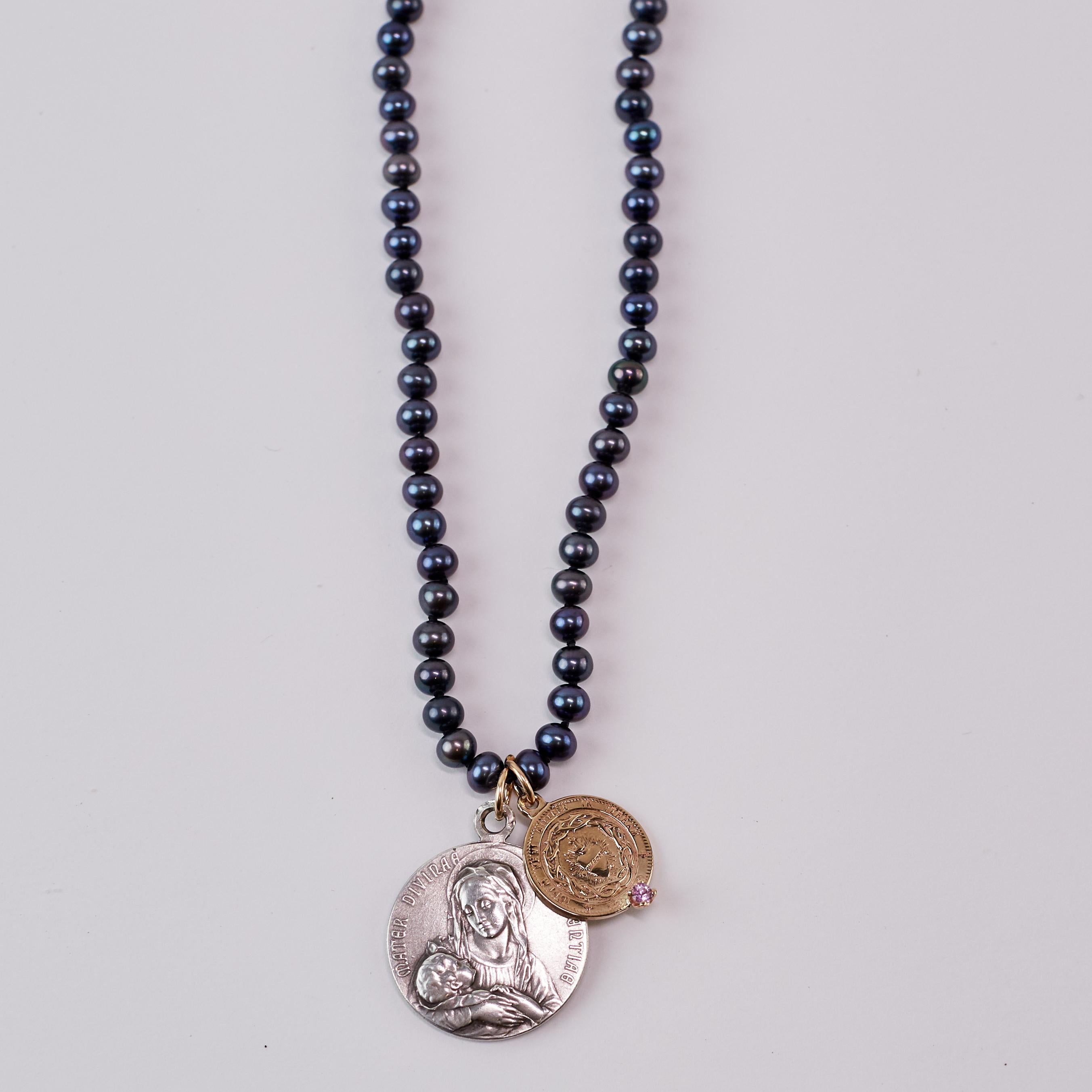 Sapphire Black Pearl Necklace French Vintage Medal One of a Kind J Dauphin In New Condition In Los Angeles, CA